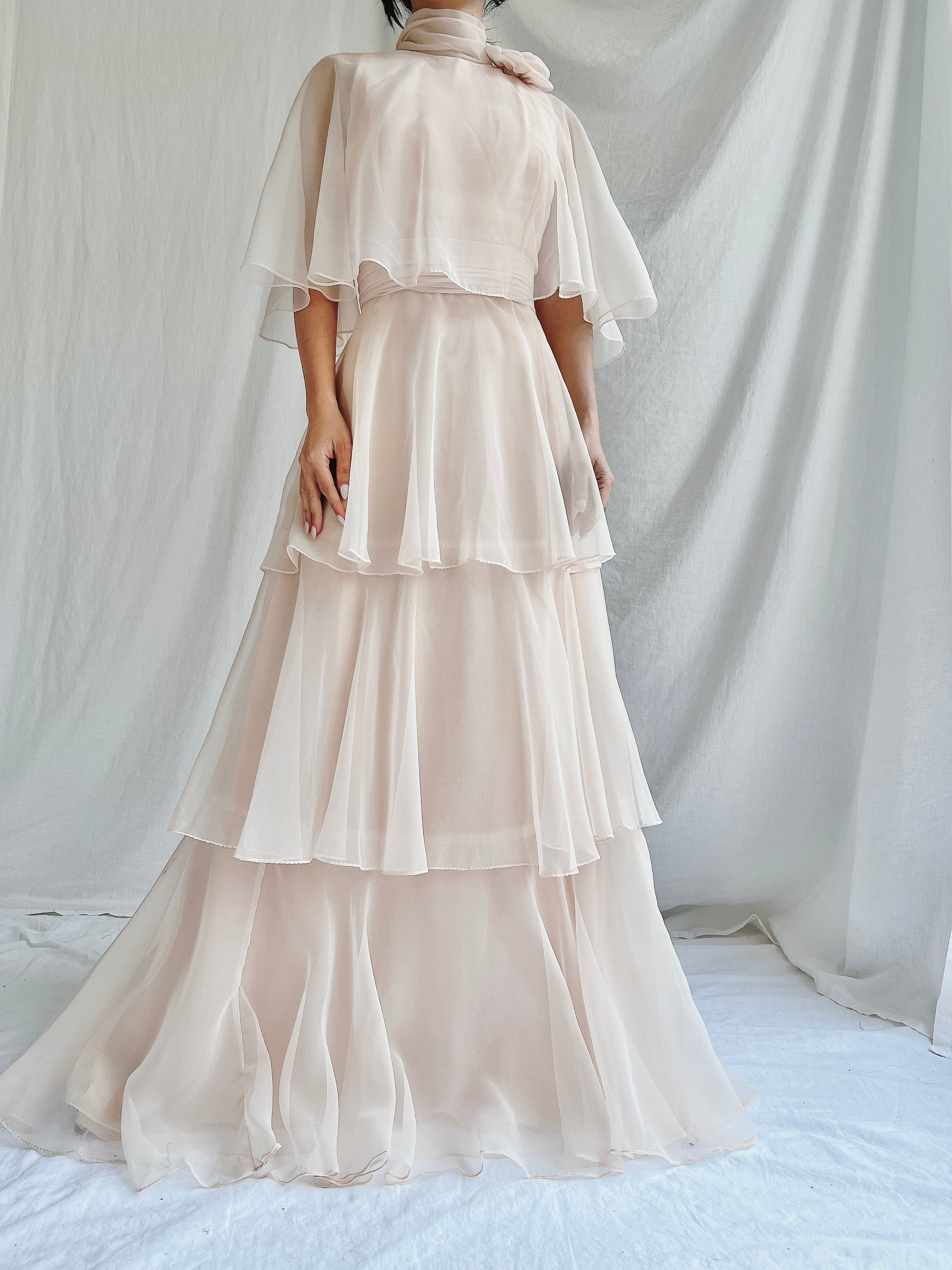 Vintage Almond Tiered Chiffon Dress - S/4