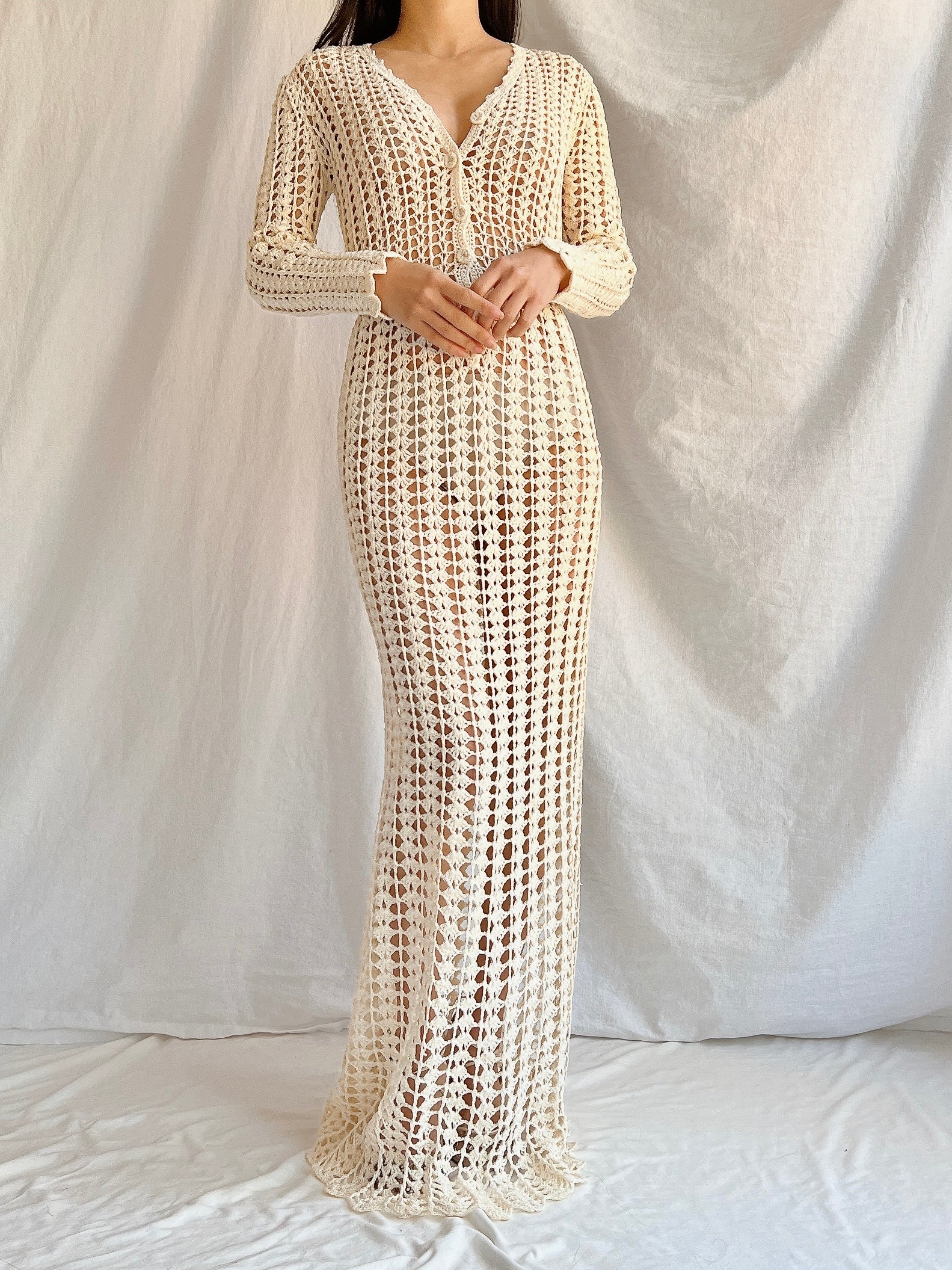1970s Reversible Crochet Long Sleeve Dress - S