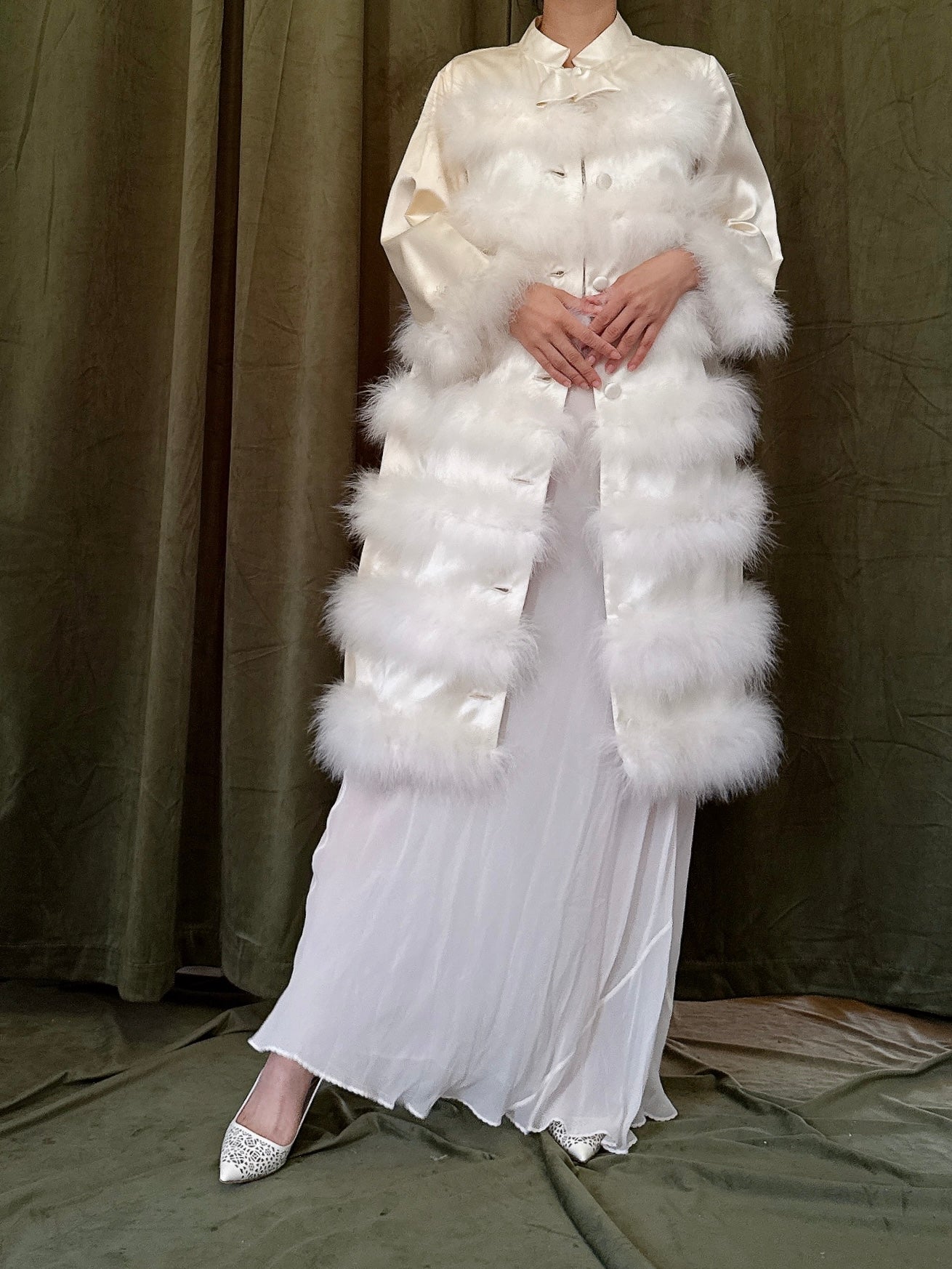 Vintage Satin Marabou Duster - M
