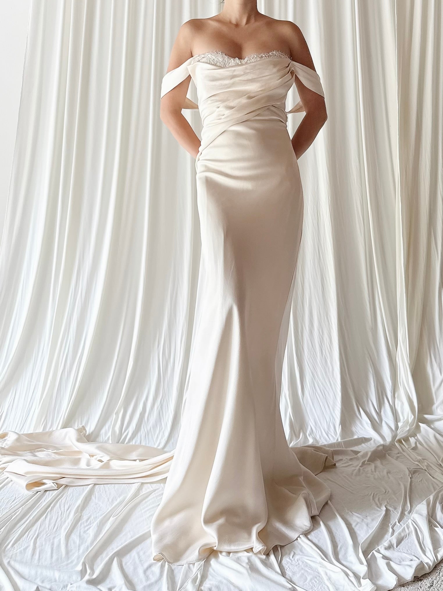 Vintage Silk Draped Bias Cut Gown with Detachable Train - M