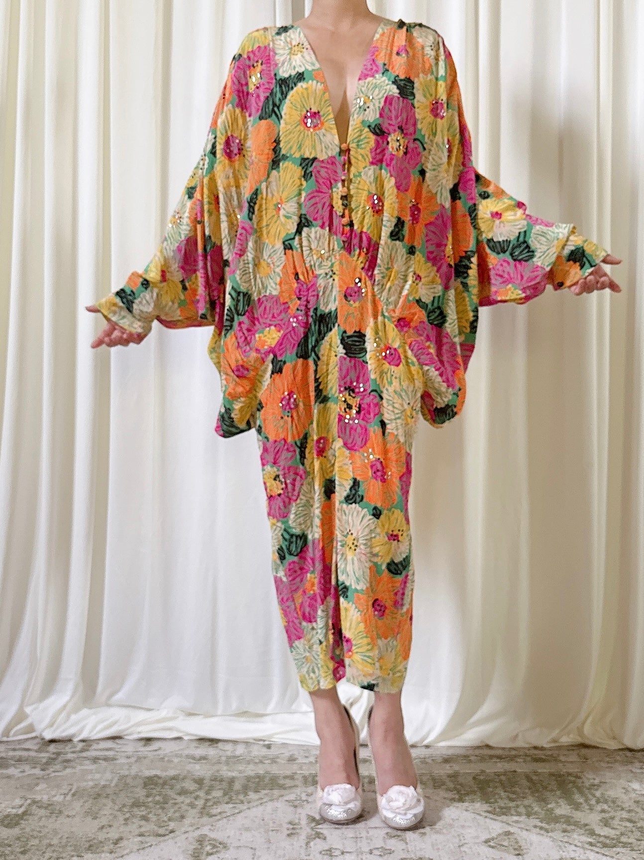 1980s Silk Floral Dress - M