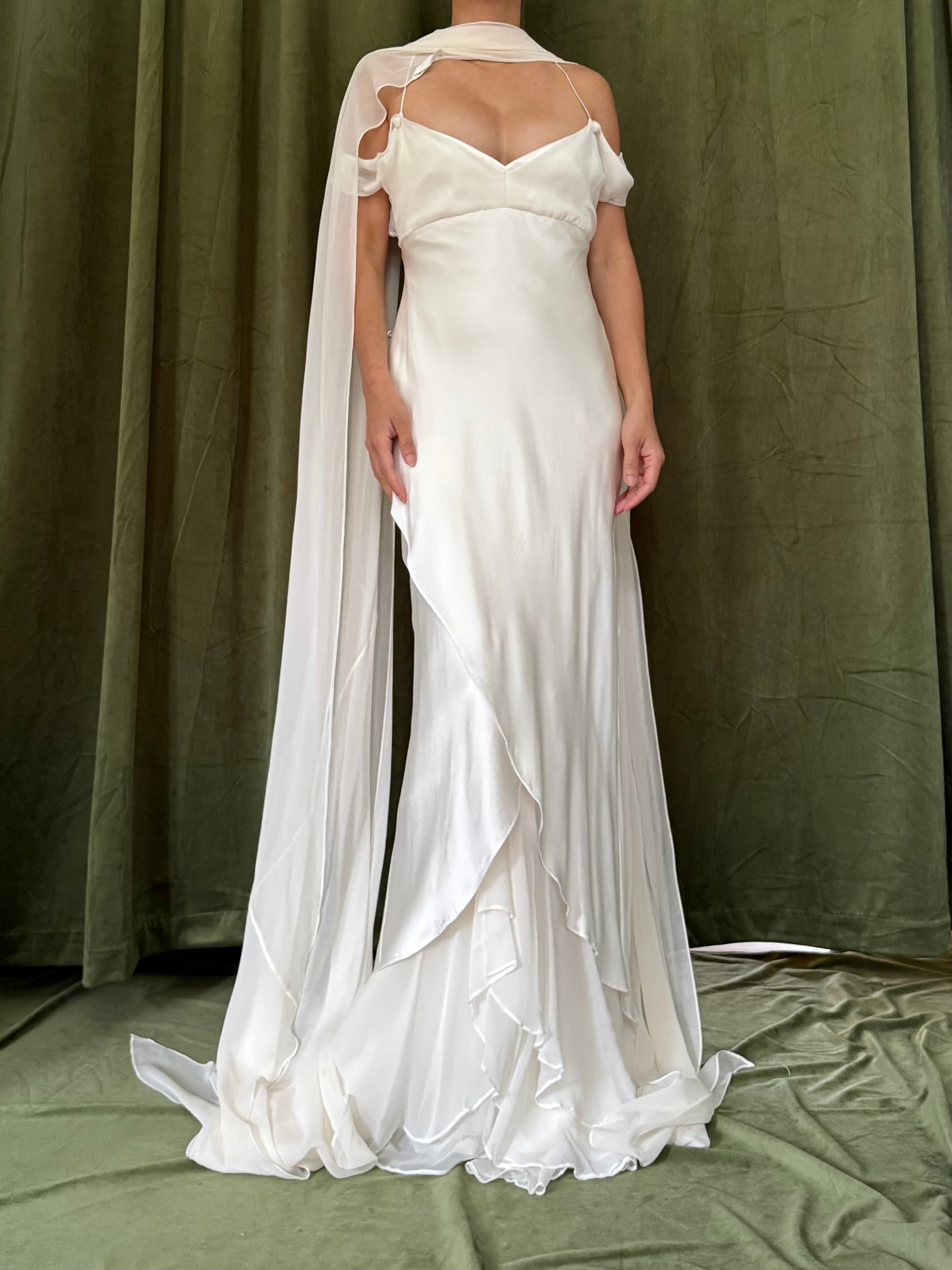 1990s Silk Chiffon Charmeuse Gown w/Scarf - M