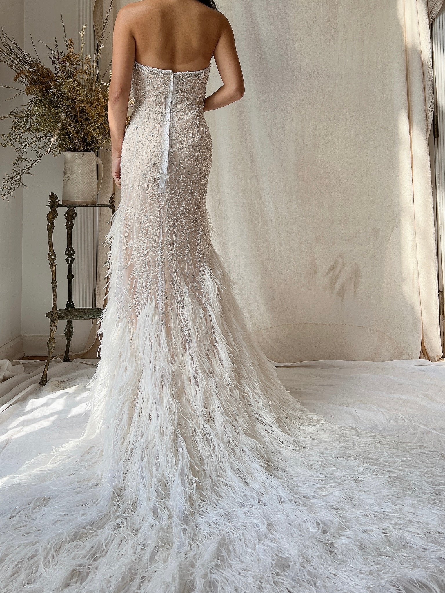 1990s Glass Crystals Ostrich Feather Trained Gown - M