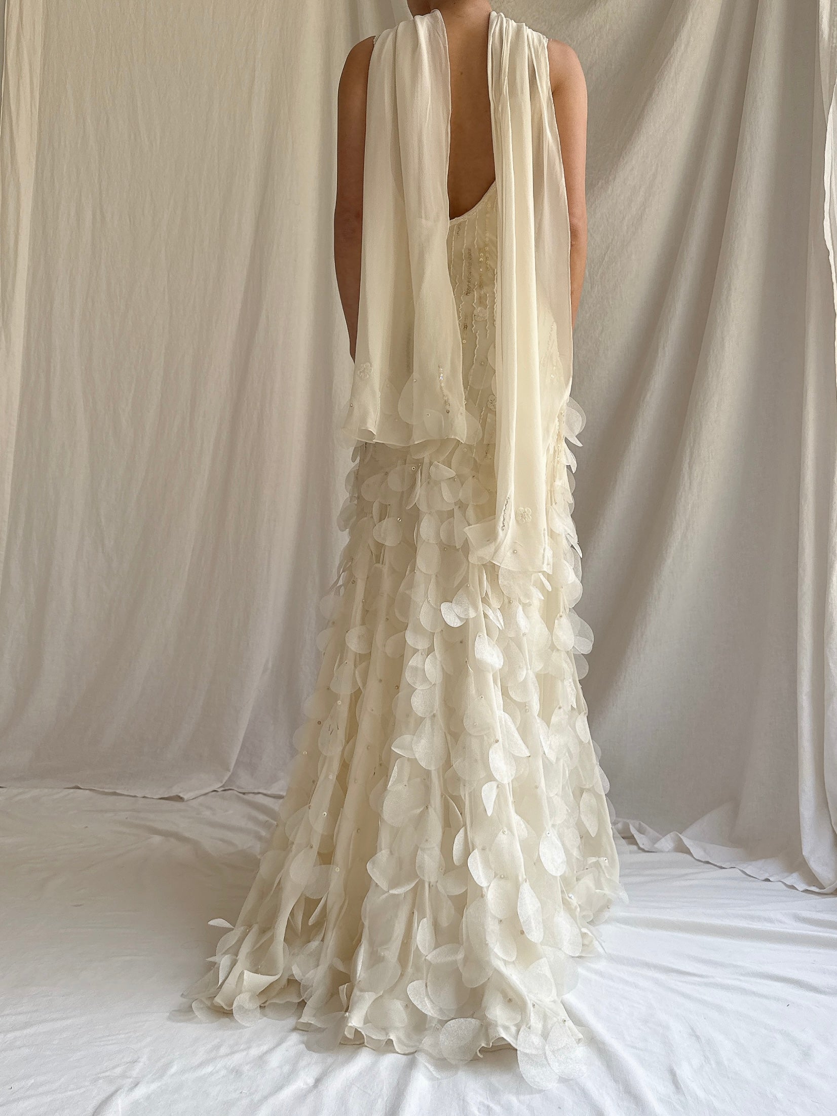 Vintage Ivory Silk Chiffon Gown with Shawl - S/M