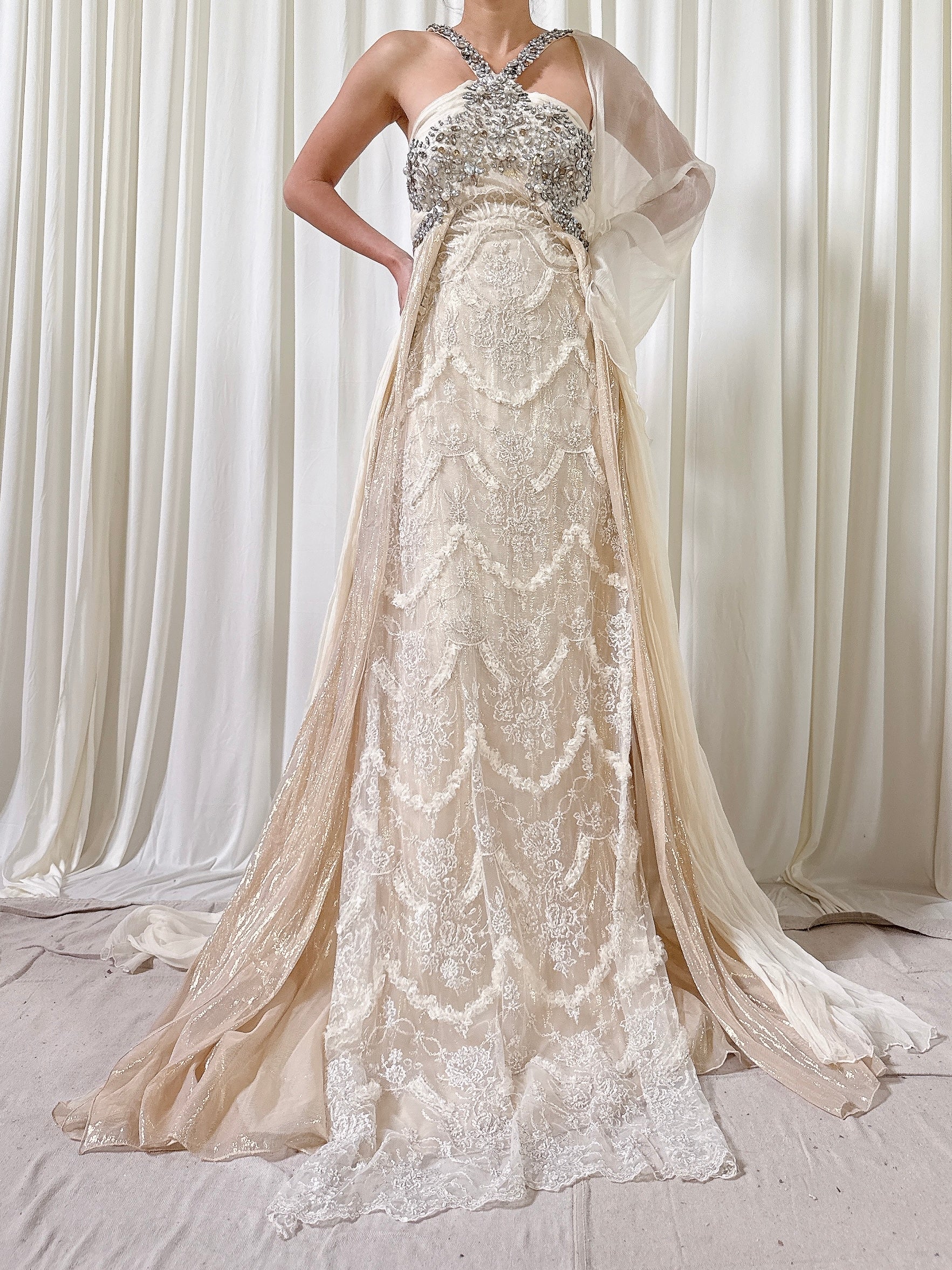 Vintage Silk Halter Beaded Dress - IT 44