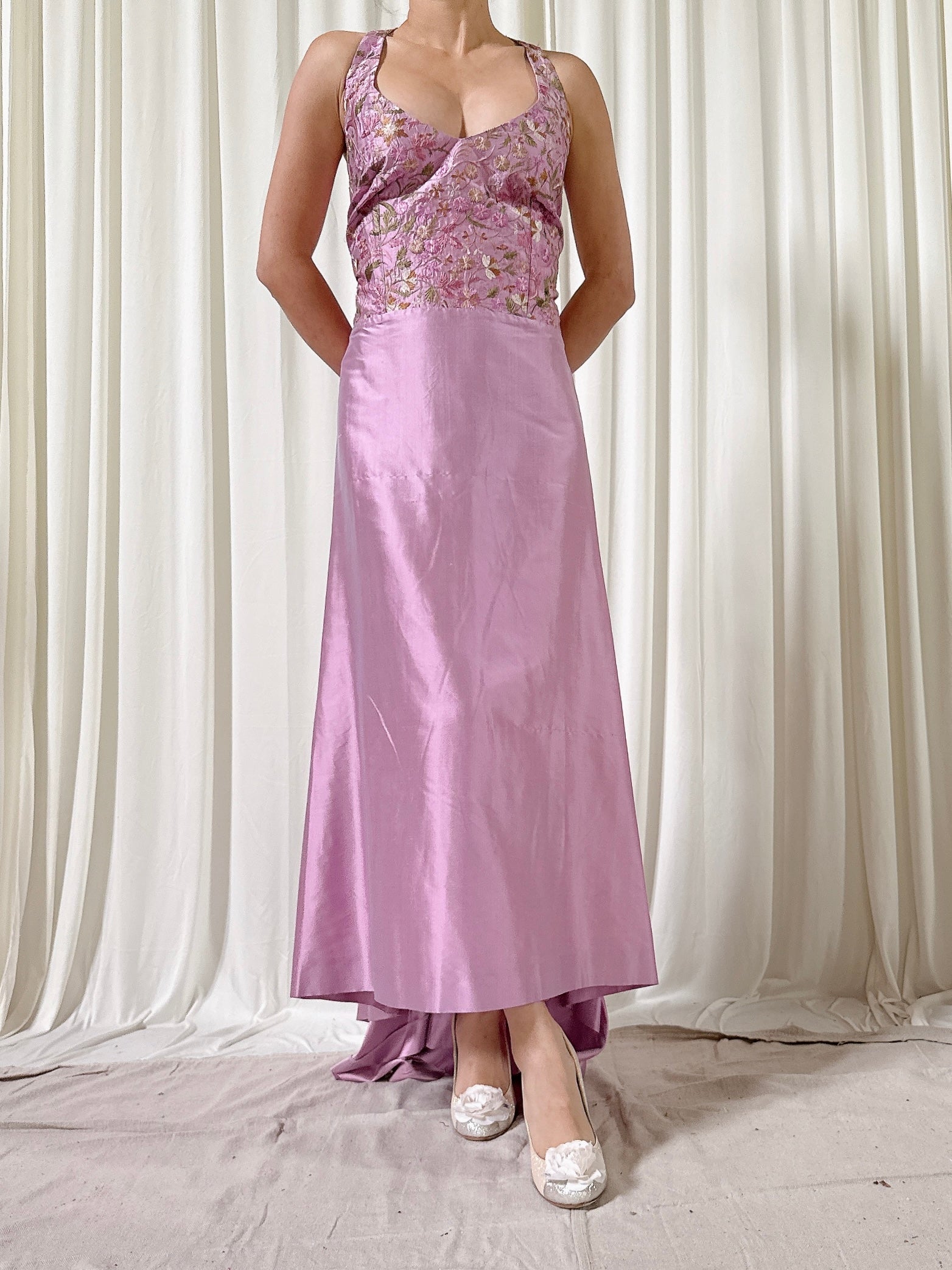 Vintage Silk Lavender Embroidered Dress - Size 44