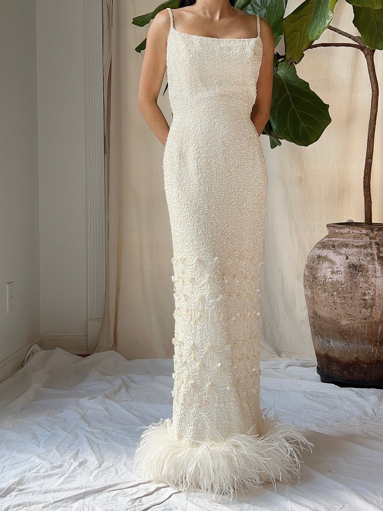 1960s Sequins Feather Hem Gown - SM