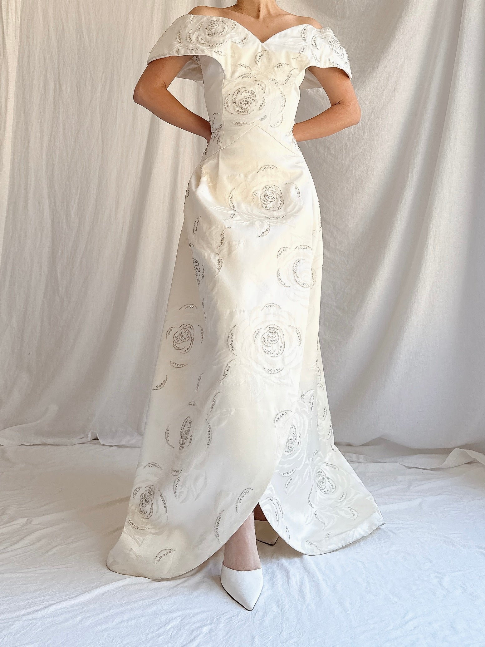 1980s Satin Rhinestone Roses Gown - M/L