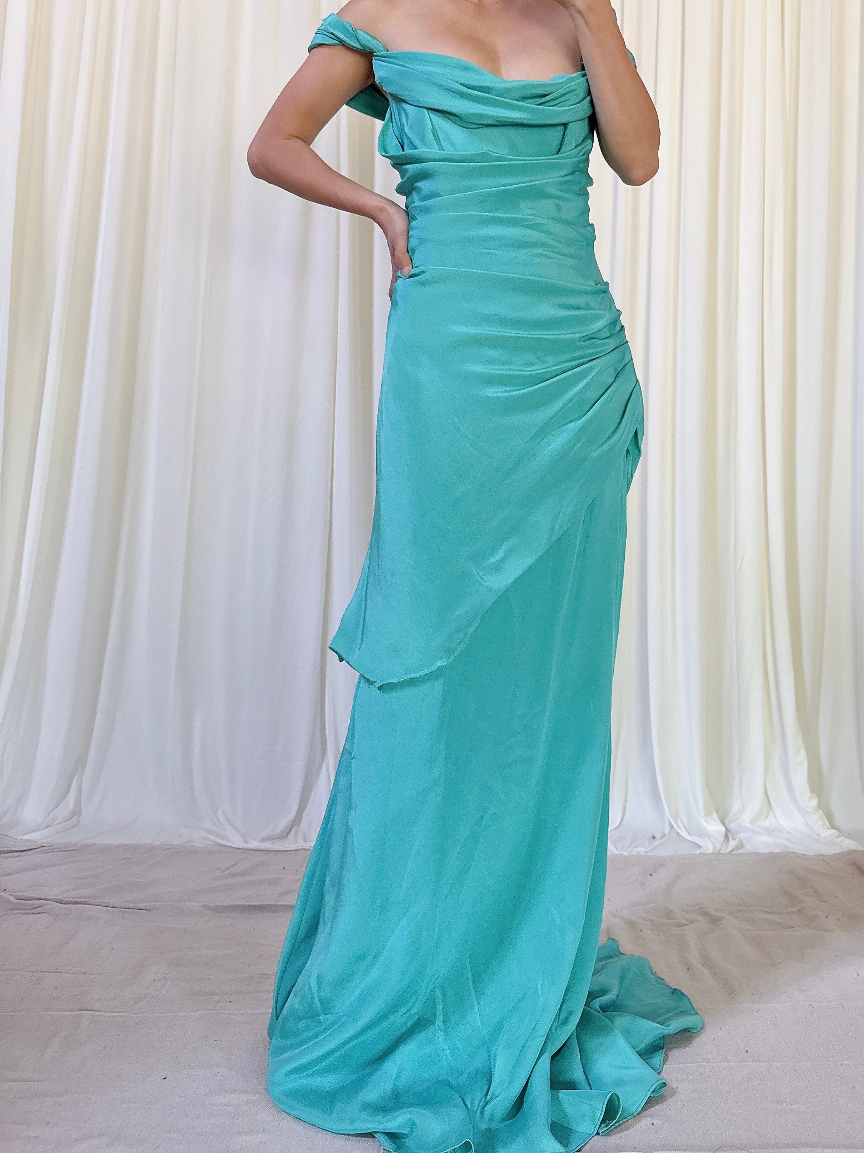 Vintage Teal Silk Off the Shoulder Silk Gown - M/8