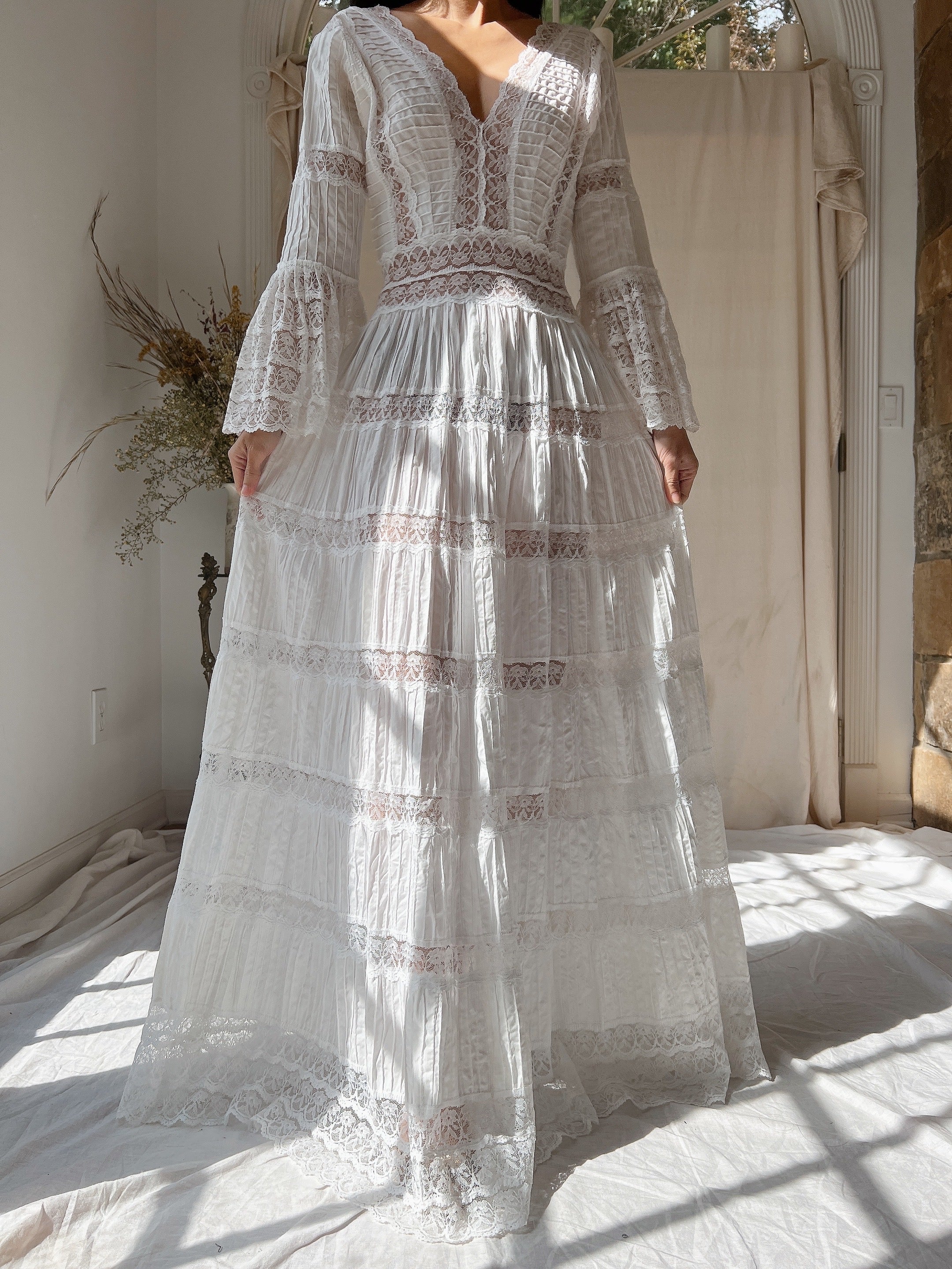 1970s Bell Sleeves Cotton Gown - XS