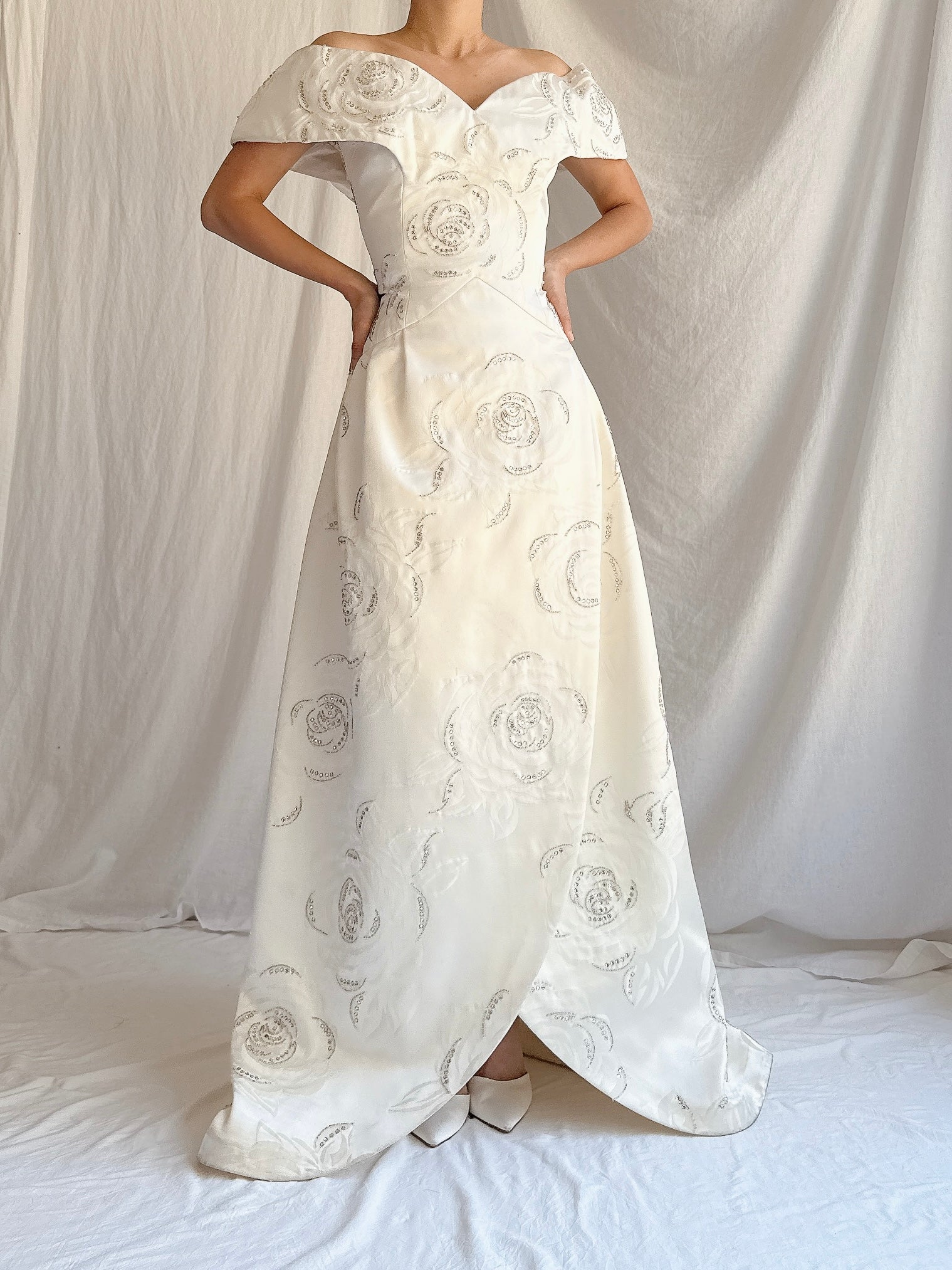 1980s Satin Rhinestone Roses Gown - M/L