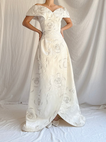 1980s Satin Rhinestone Roses Gown - M/L