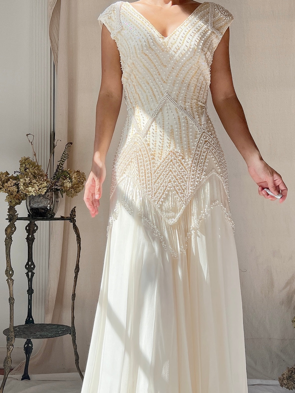 Vintage Silk Chiffon Pearl Fringe Dress - M(US 6/8)