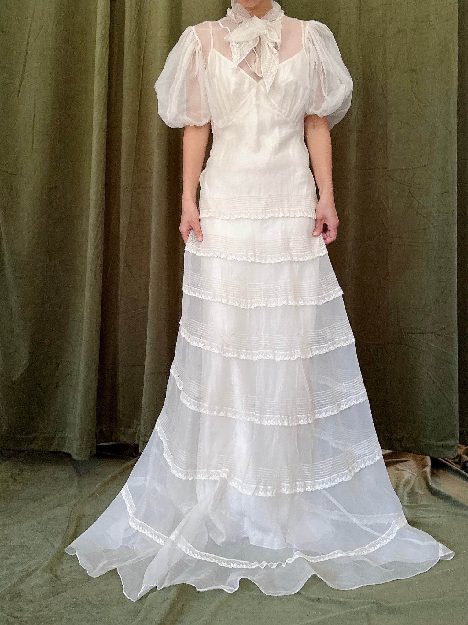 1930s Silk Organza Puff Sleeve Gown - XS
