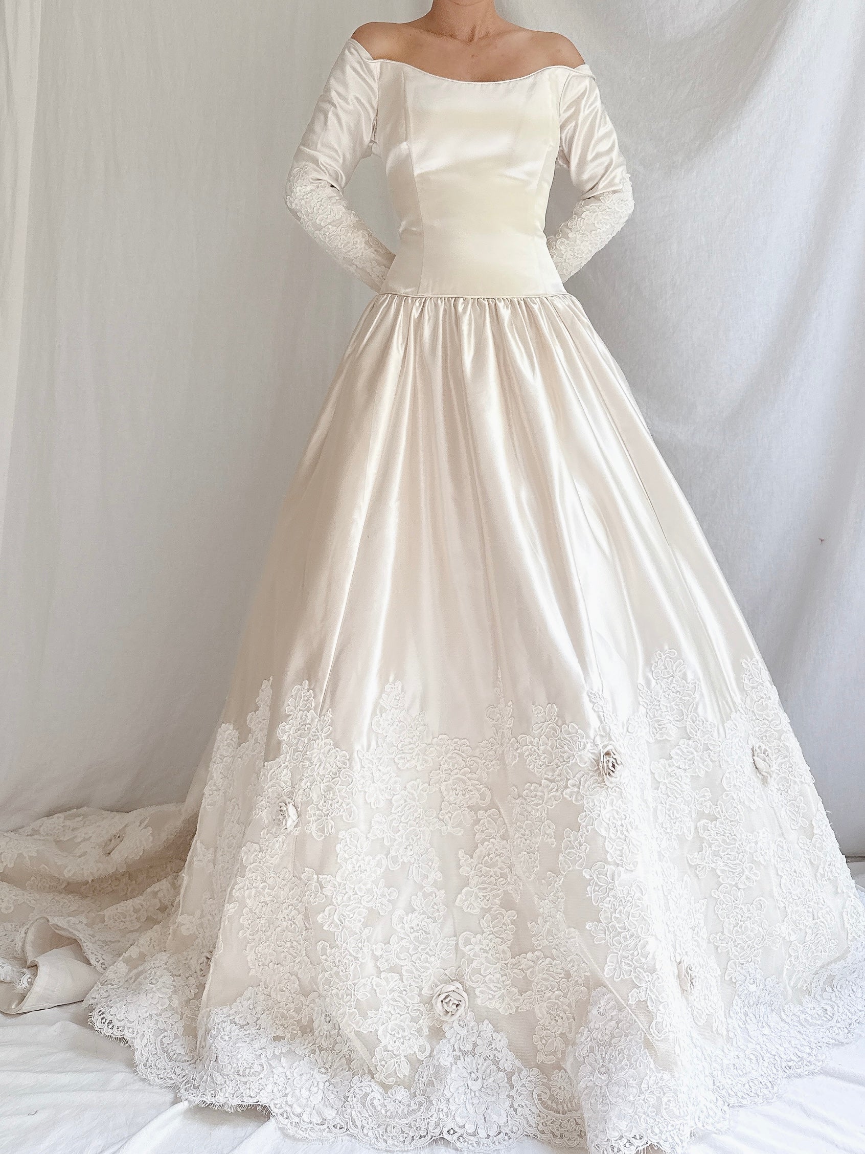 1990s Mori Lee Satin and Lace Gown - M