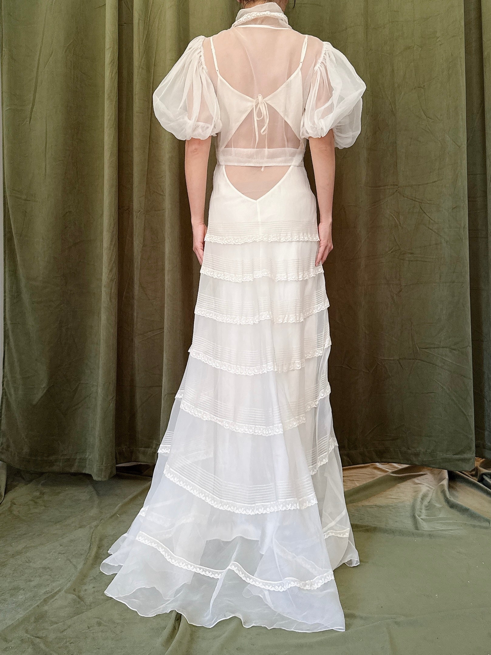1930s Silk Organza Puff Sleeve Gown - XS