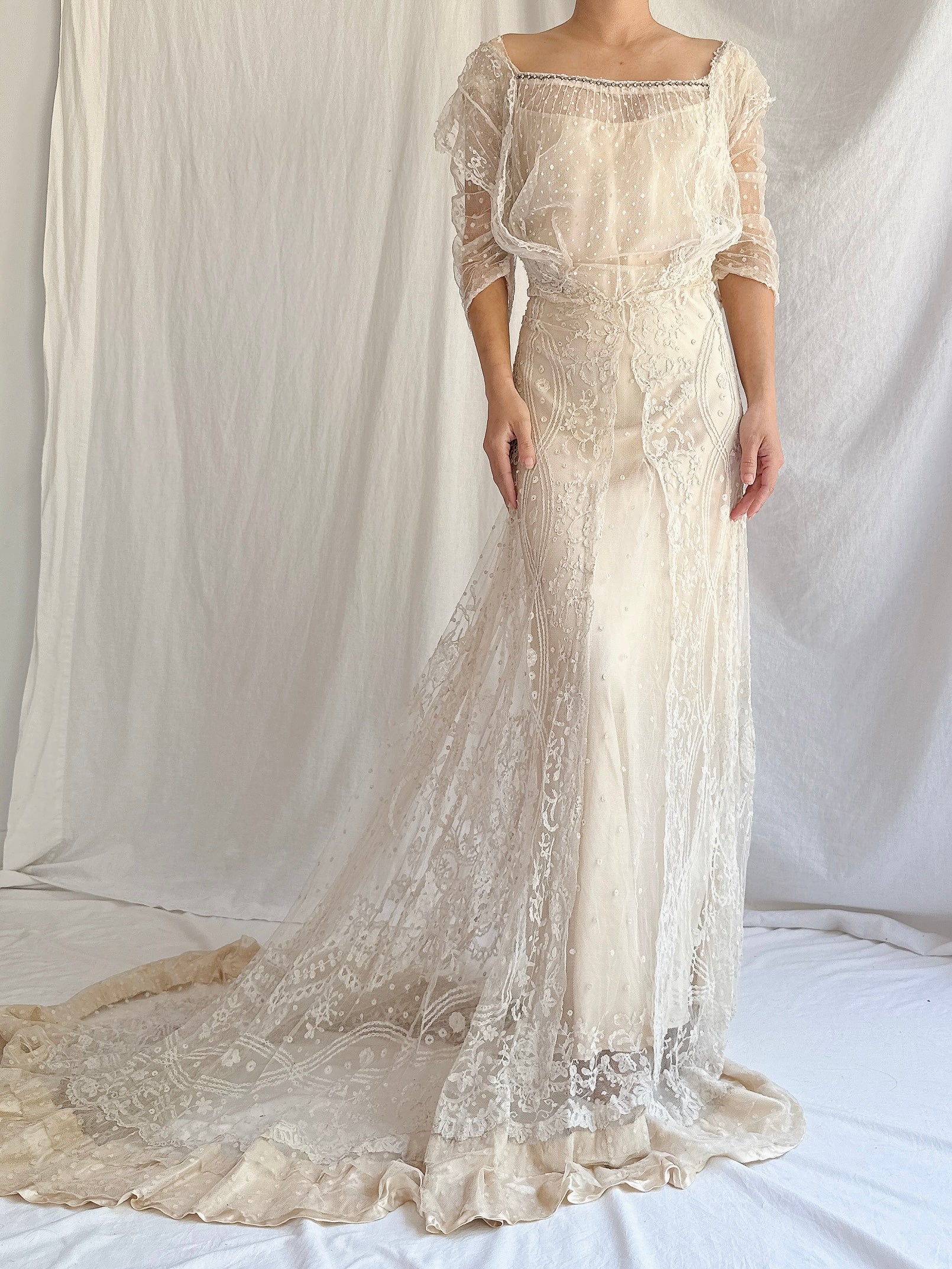Antique Duchesse Lace Gown with Silk Slip - S
