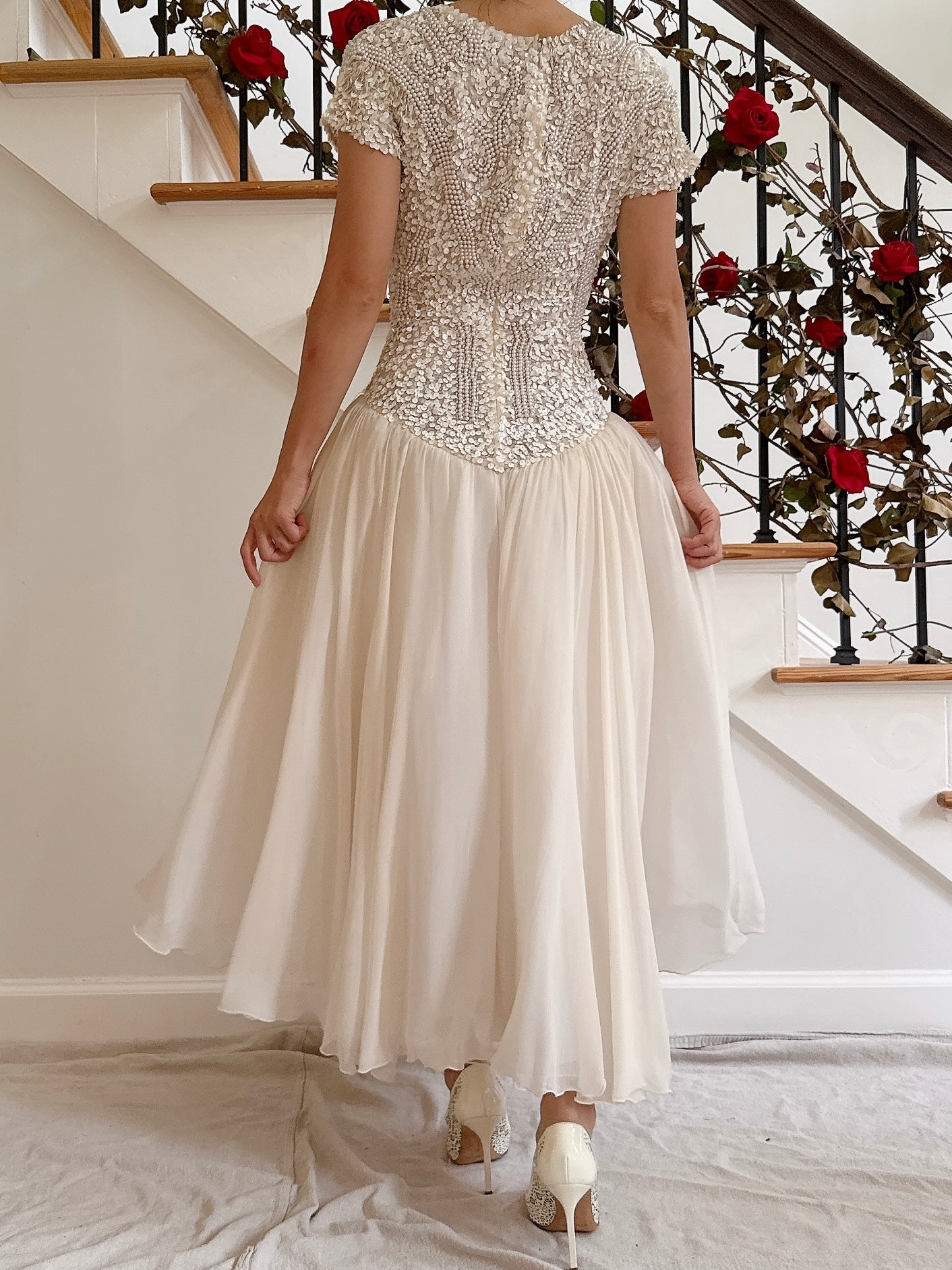 1980s Silk Chiffon Beaded Dress - 36B/30W/49L