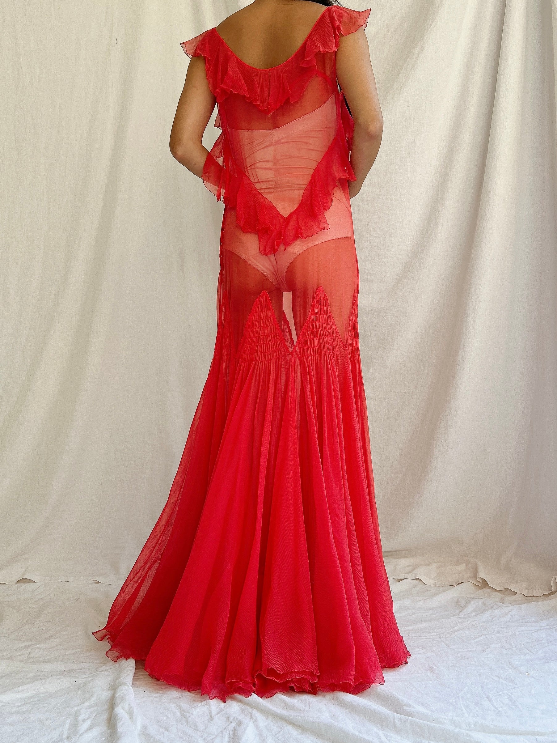 1930s Rose Red Sheer Silk Gown - XS