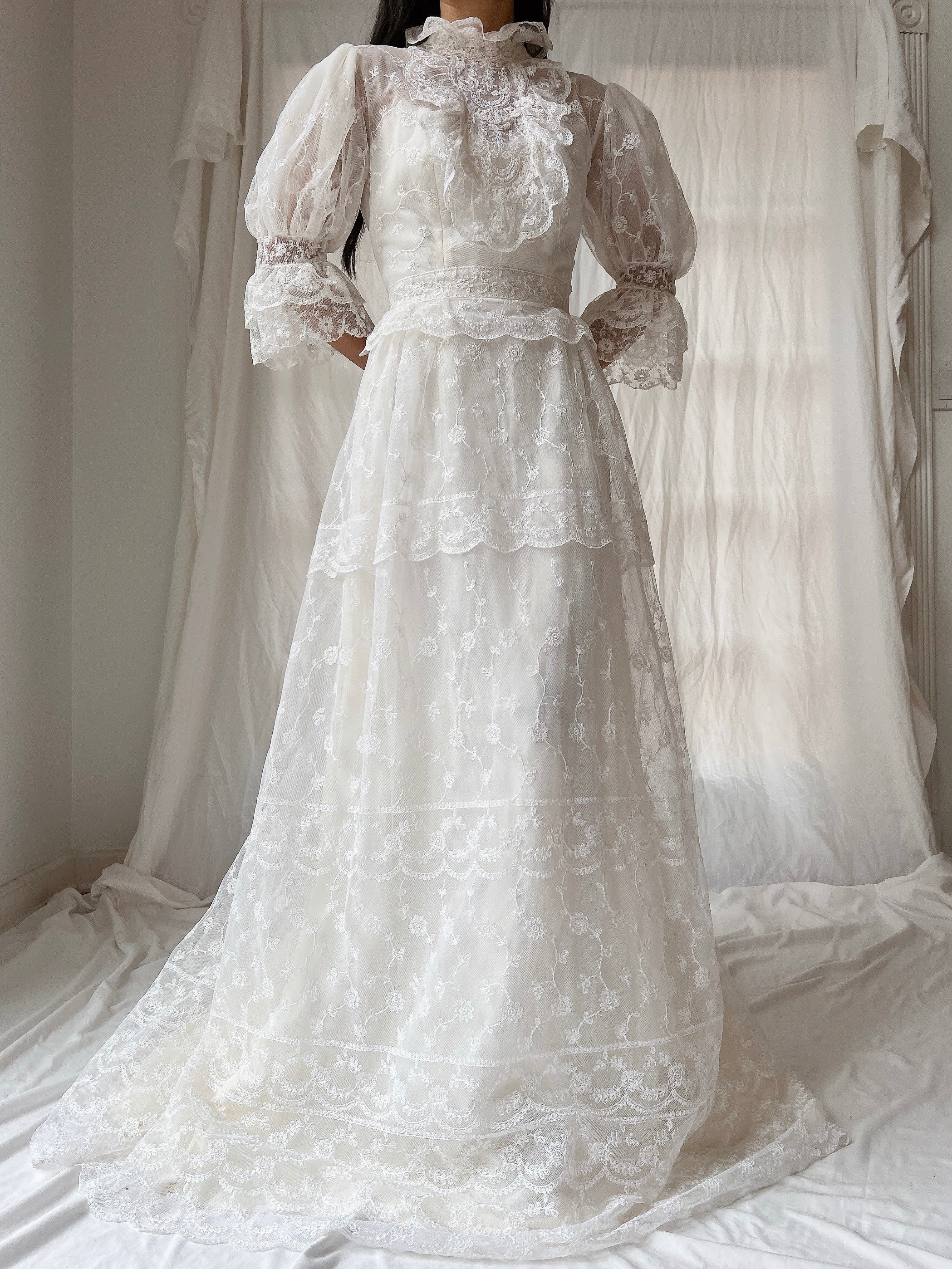 Vintage Needle Lace Puff Sleeve Gown - S