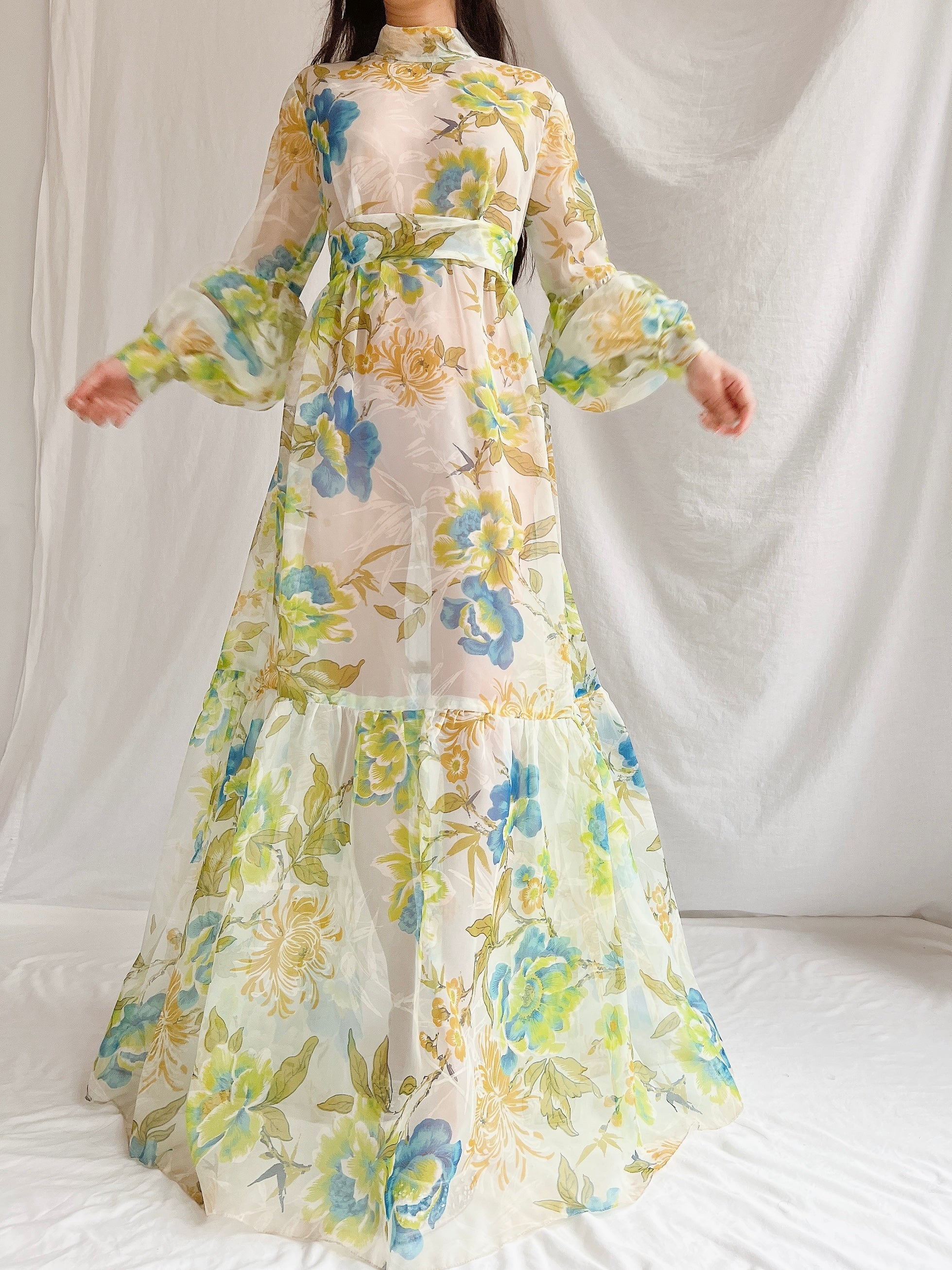 1970s Sheer Voile Puff Sleeves Gown - M