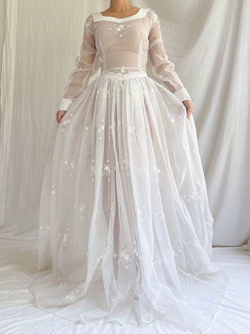 1940s Sheer Nylon Embroidered Dress - S/M