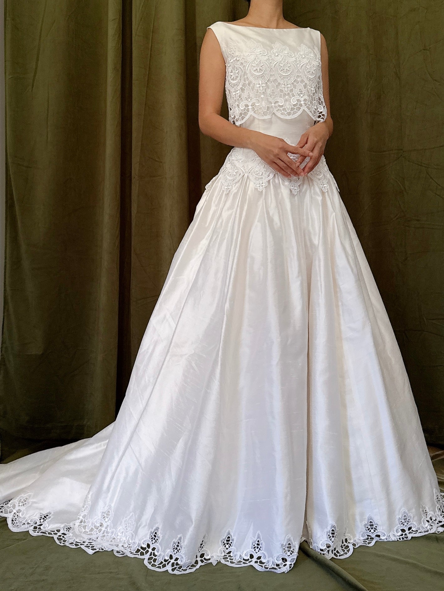 RESERVED for Cheyenne Payment 1/2 Vintage Raw Silk Embroidered Cutout Gown - S/4