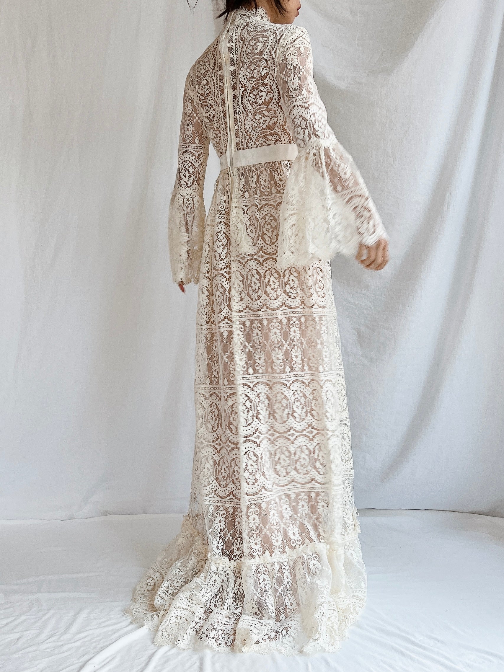 1970s Sheer Filet Lace Gown - M