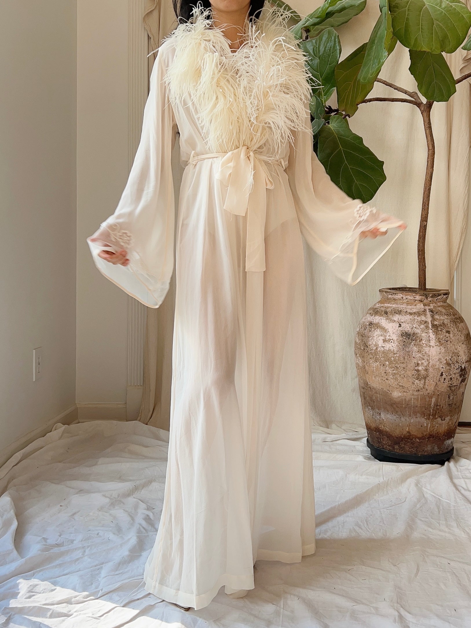 Vintage Silk Chiffon Feather Robe - S-M