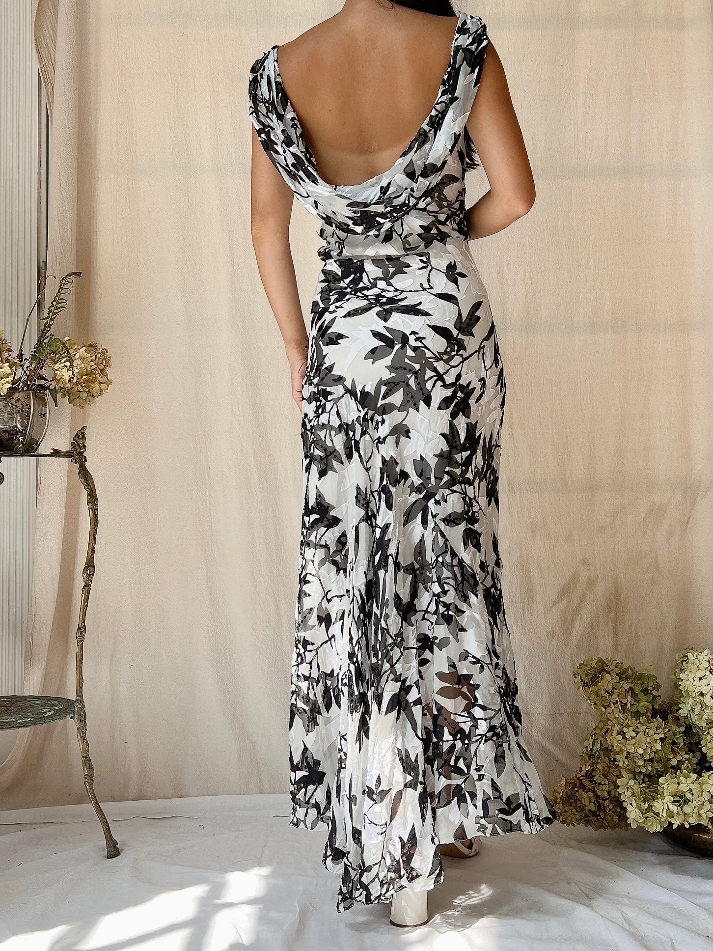 Vintage Silk Black and White Cowl Dress - L