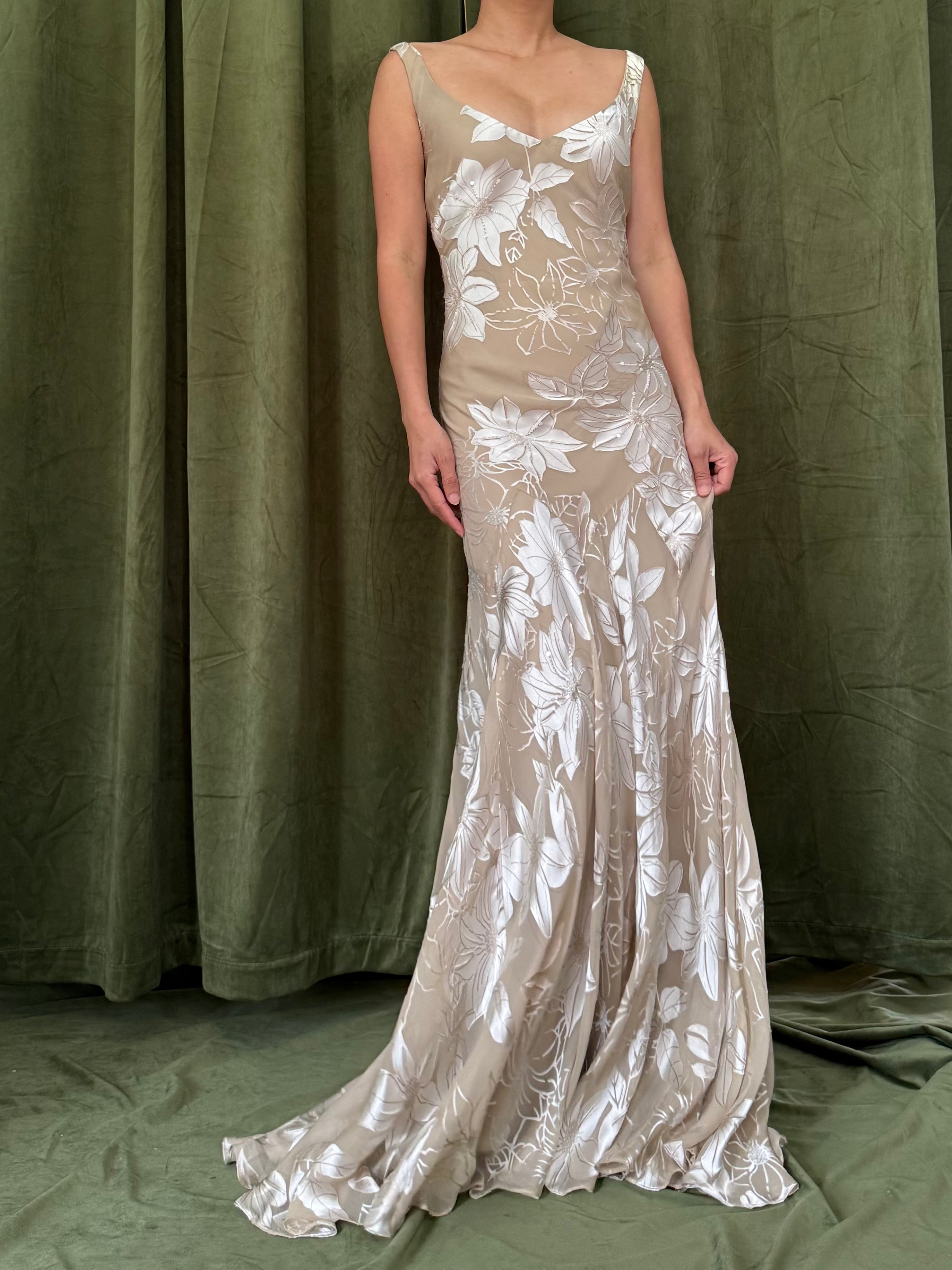 1990s Taupe Burnout Rayon Gown - M