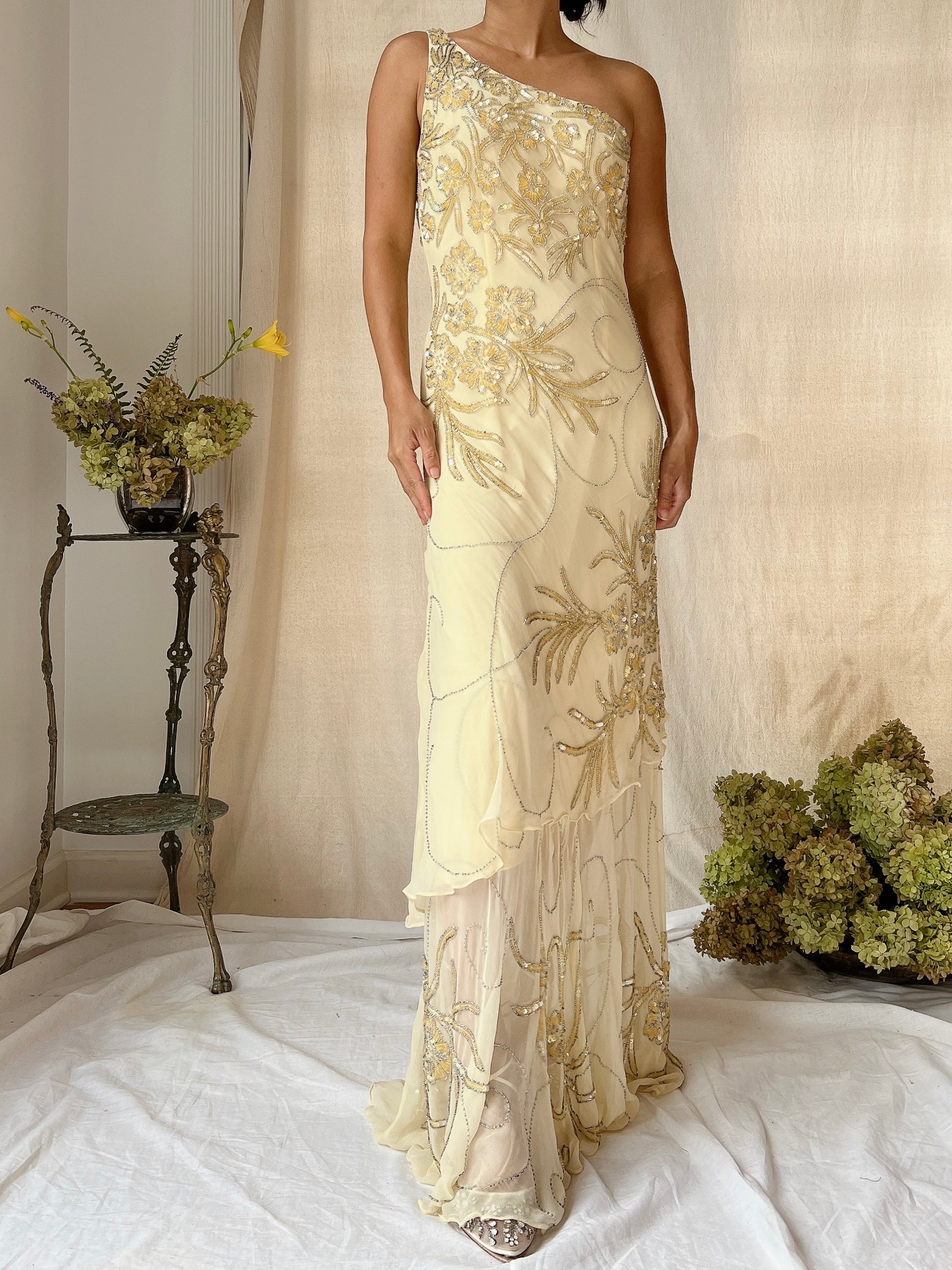 Vintage Silk One Shoulder Beaded Tiered Gown - S
