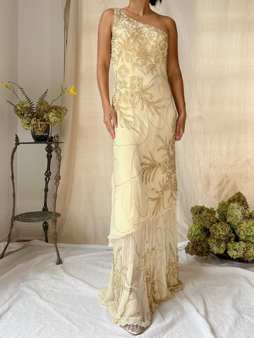 Vintage Silk One Shoulder Beaded Tiered Gown - S