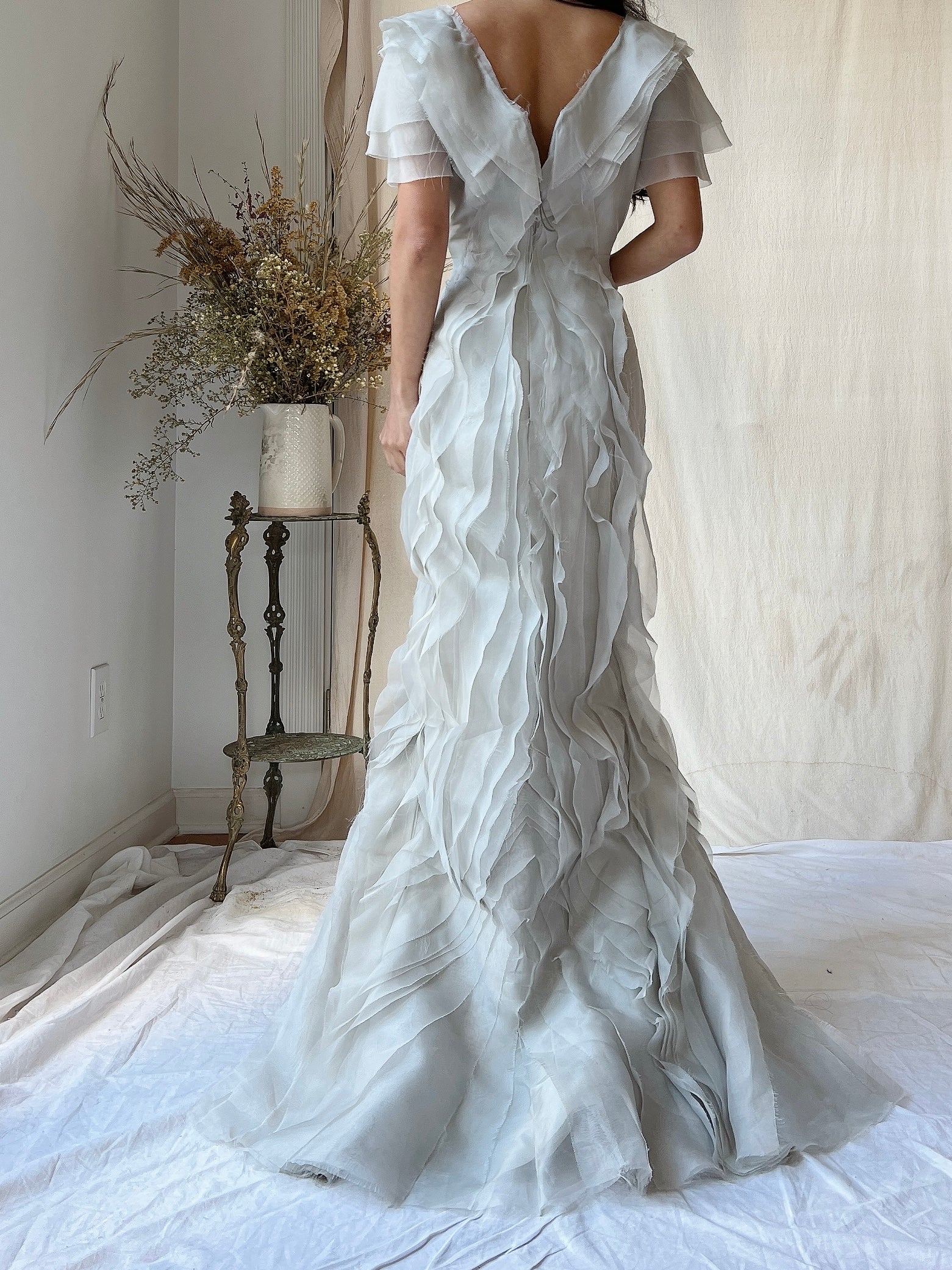 Vintage J. Mendel Smoke Gray Silk Organza Ruffle Gown - M/L 8/10