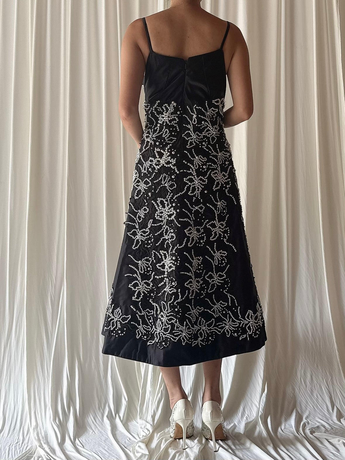 Vintage Silk Pearl Beaded Black Dress - L