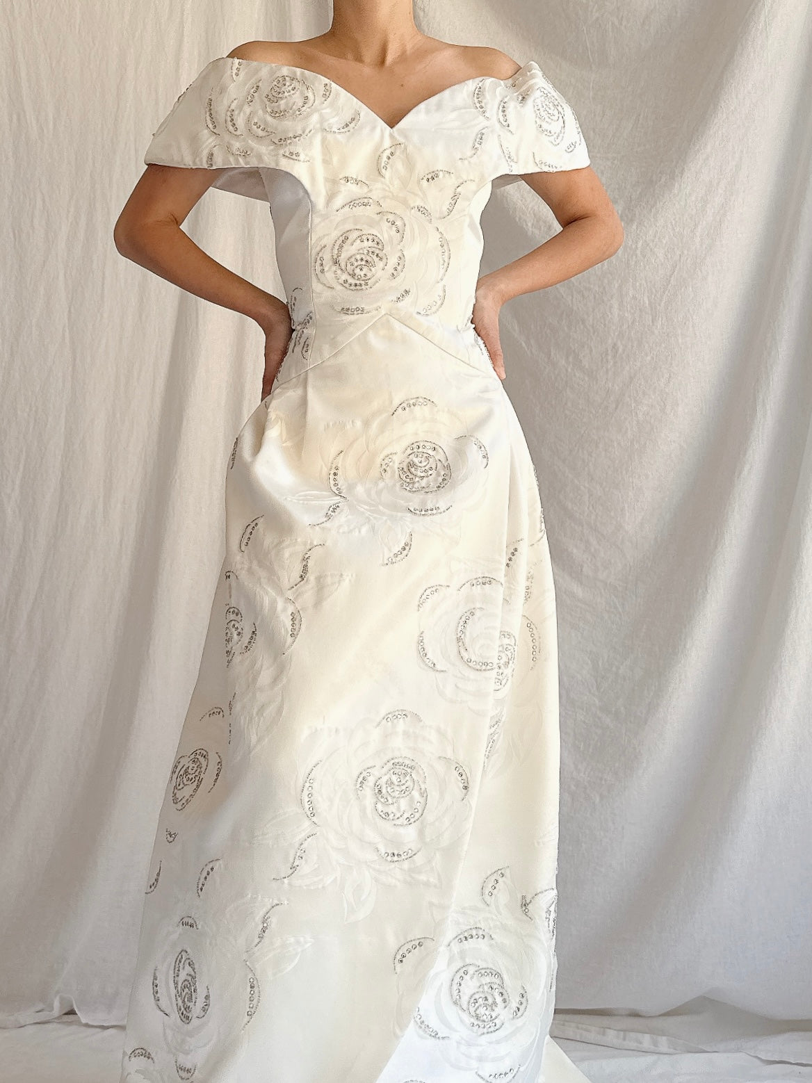 1980s Satin Rhinestone Roses Gown - M/L