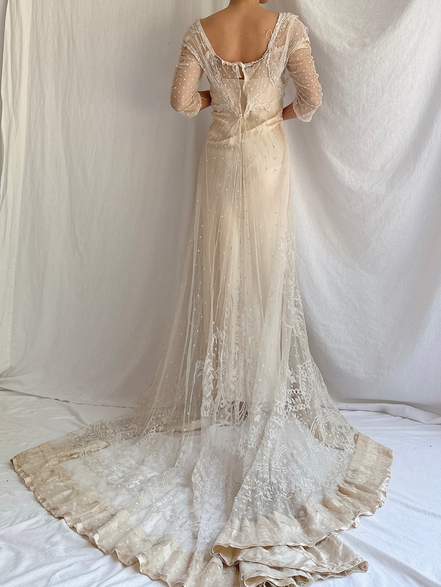 Antique Duchesse Lace Gown with Silk Slip - S
