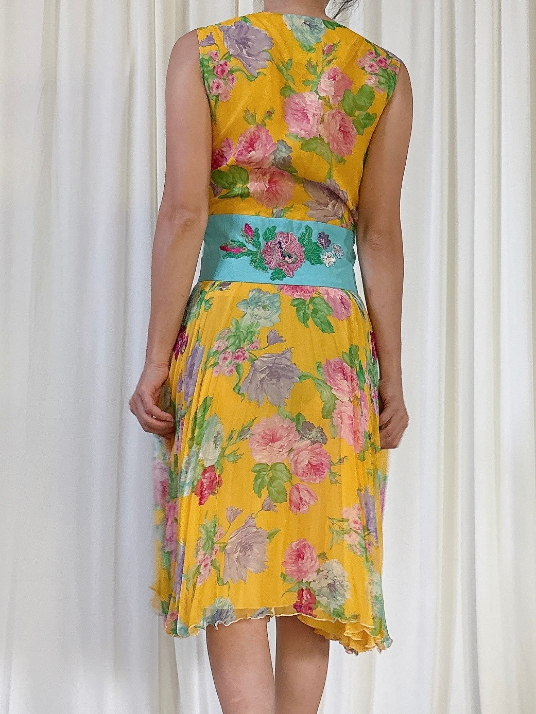 Vintage Yellow Floral Dress - M