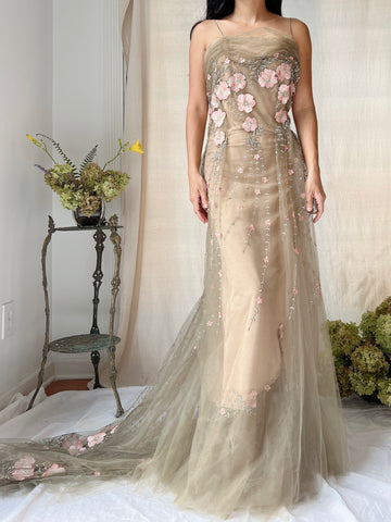 Rare Vintage Moss Carol Peretz Embroidered Tulle Gown - S/M