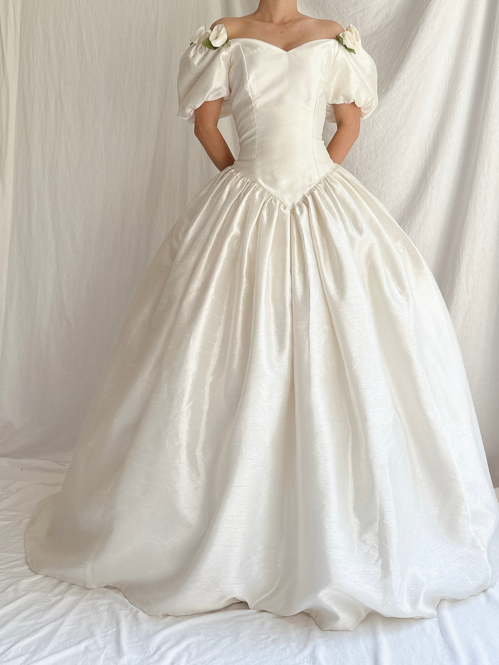 1980s Taffeta Puff Sleeves Dress - S/M
