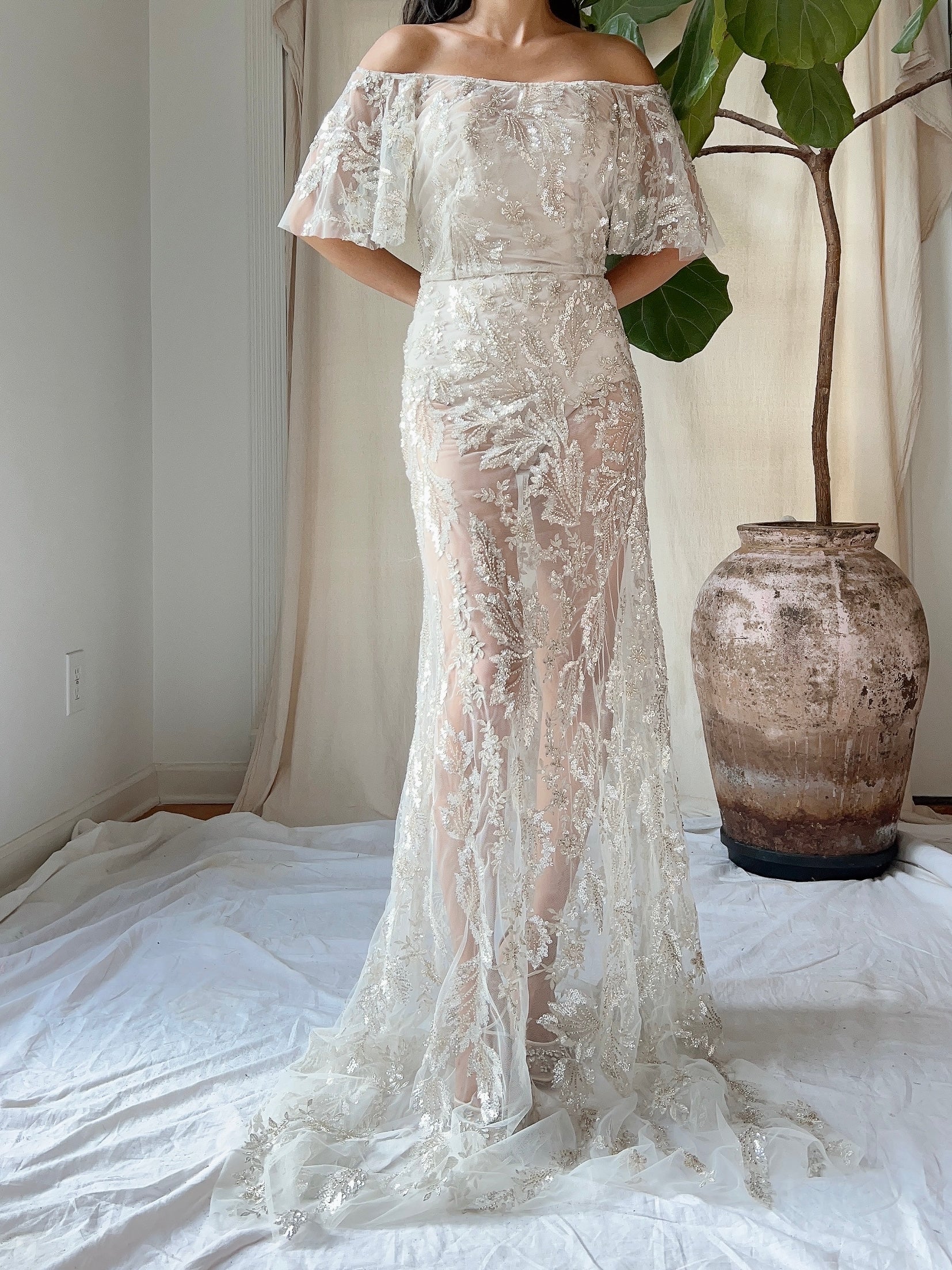 Sheer Off-the-Shoulder Beaded Gown - S
