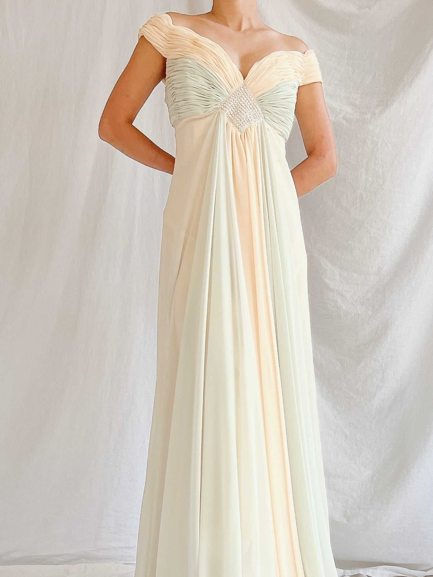 Vintage Rose Taft Seafoam/Butter Yellow Chiffon Gown - S/6