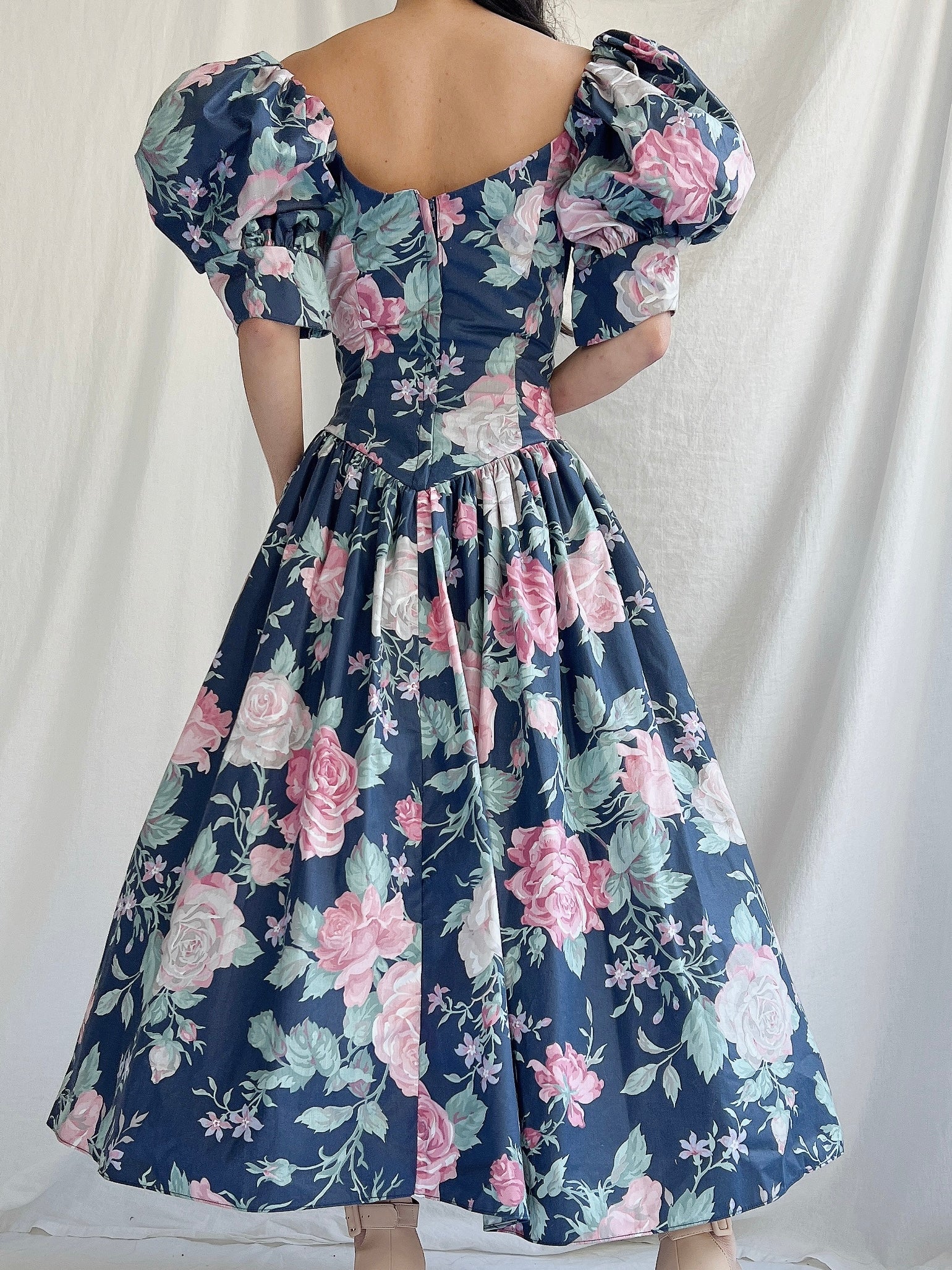 1980s Navy Puff Sleeve Dress - XS