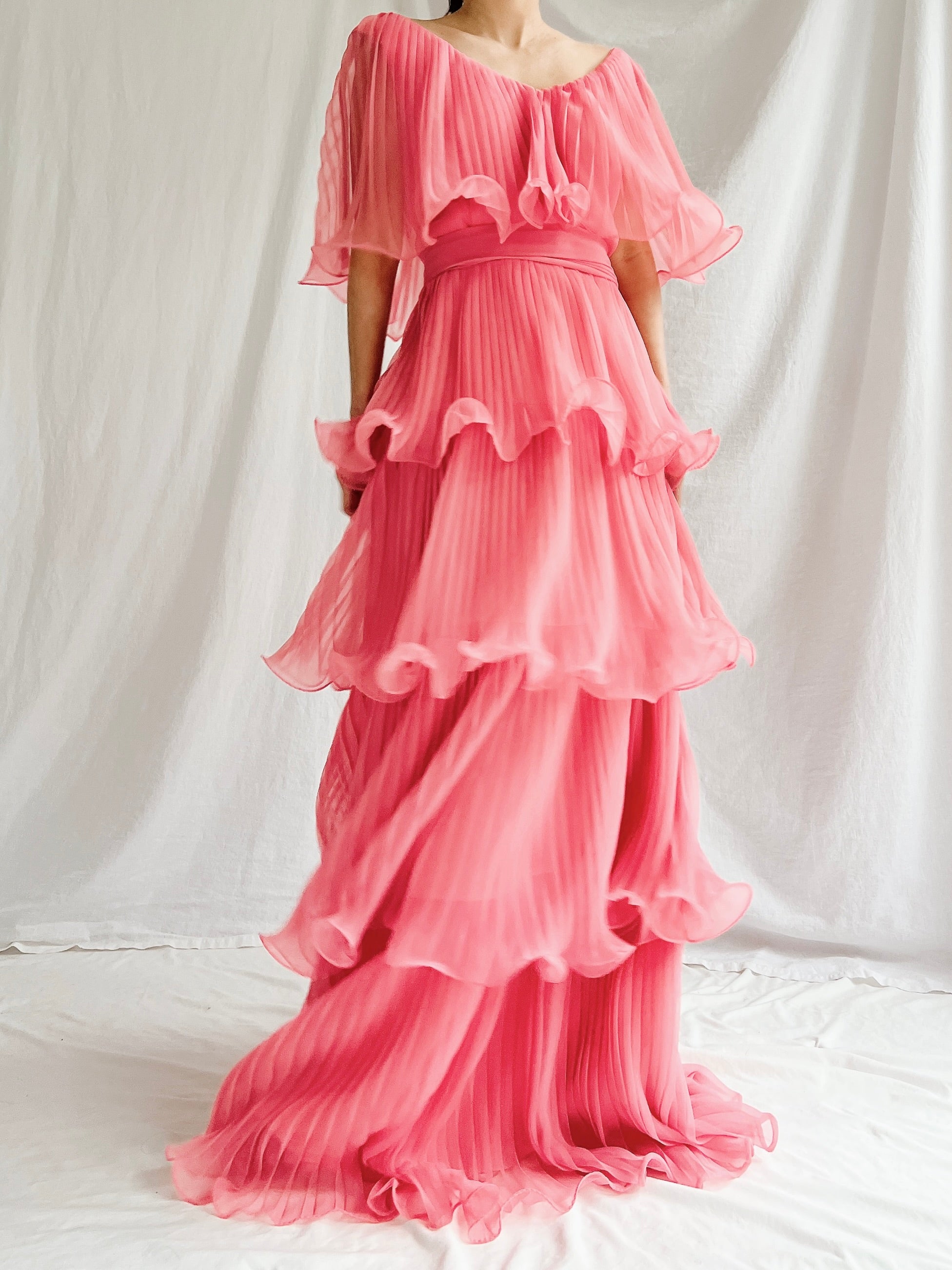 Vintage Watermelon Tiered Chiffon Dress - XS