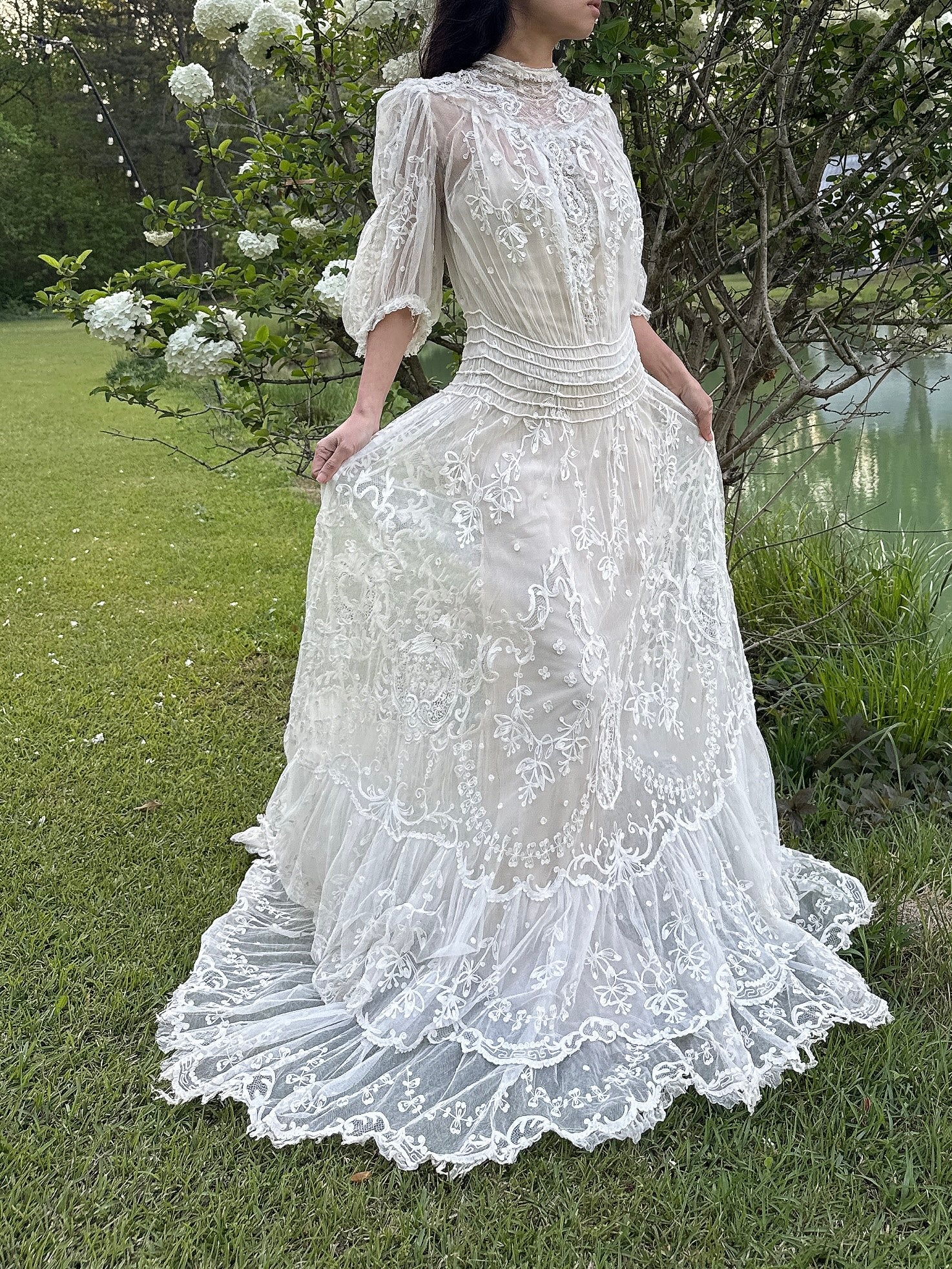 Rare Antique Tambour Lace Gown - S