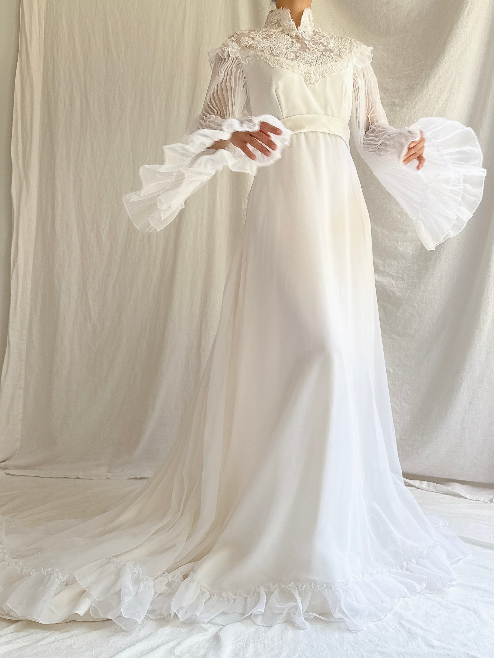 1970s Pleated Sleeves Chiffon Dress - S