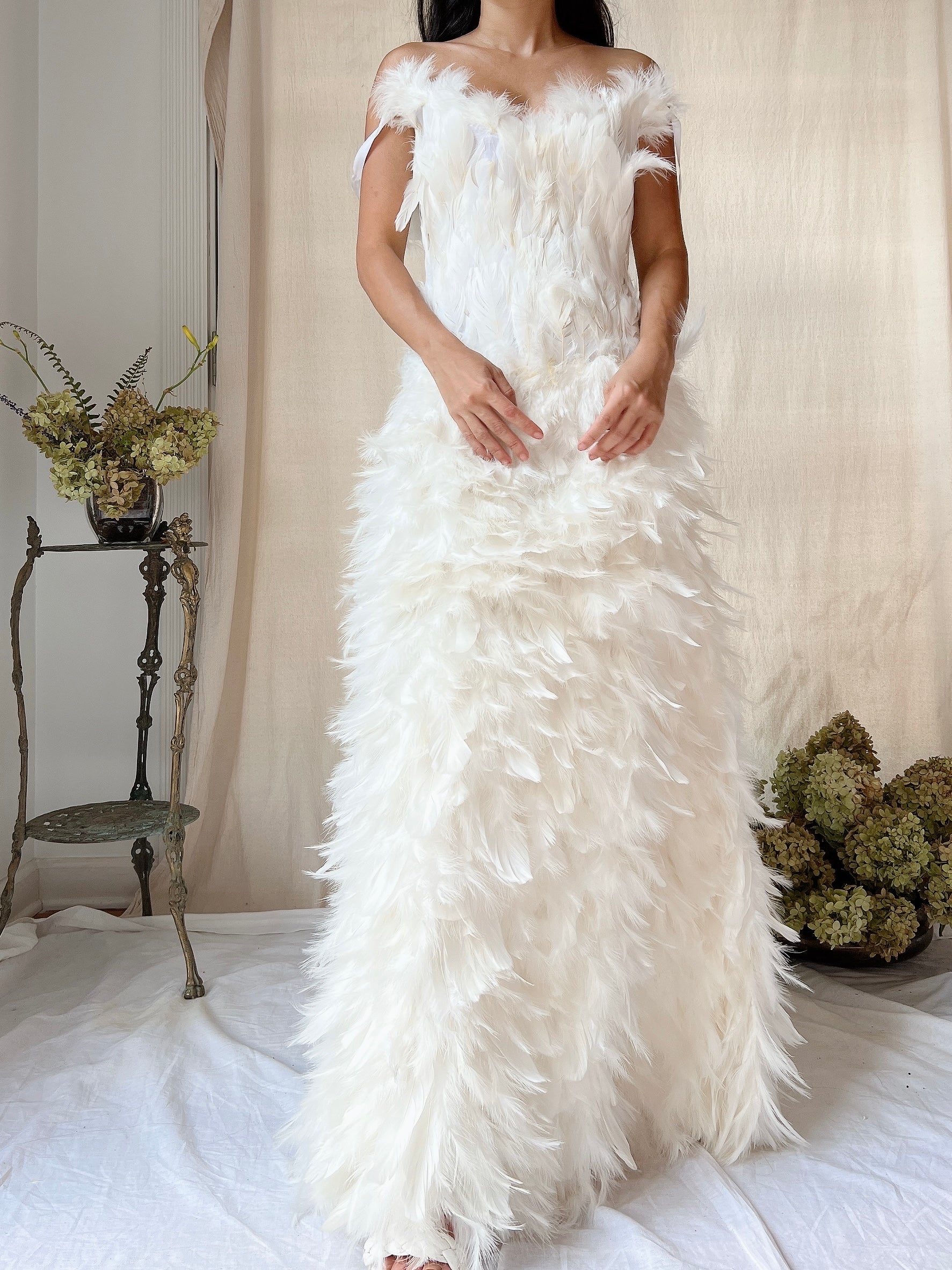 Vintage Ivory Feather Gown - M