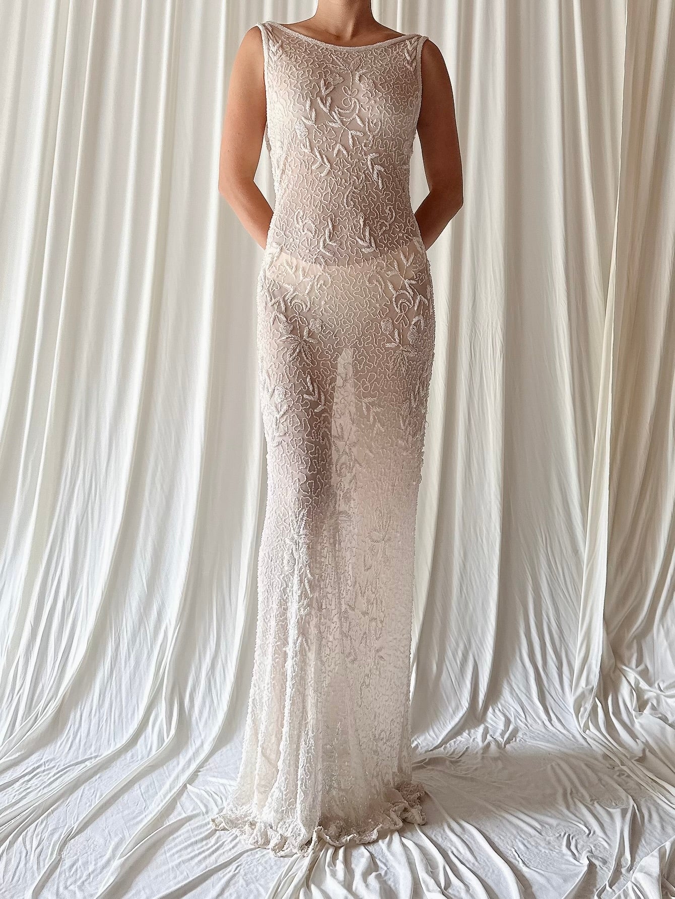 Vintage Ivory Silk beaded Reversible Gown - S-M