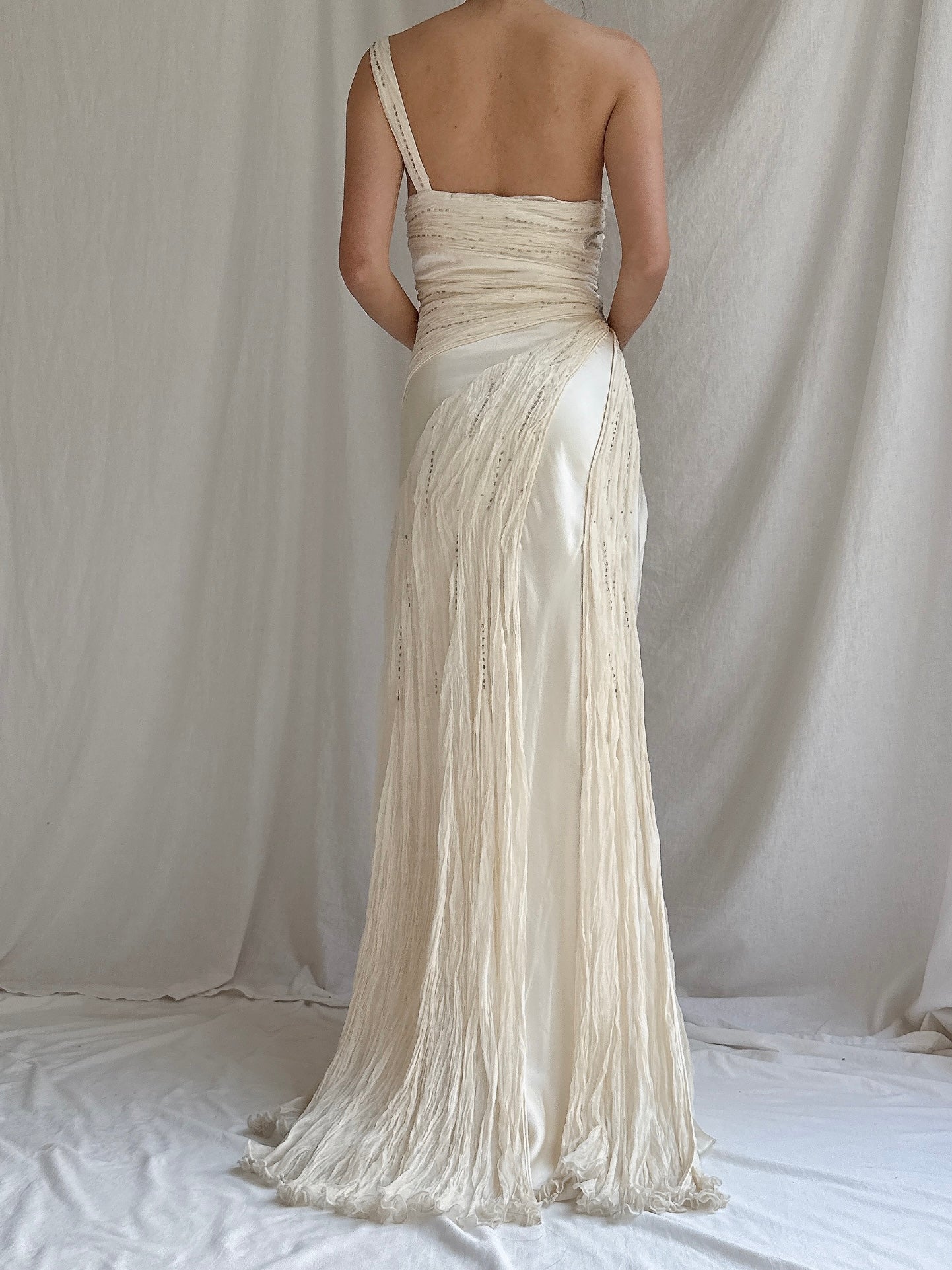 Vintage Silk Chiffon One-Shoulder Gown - M