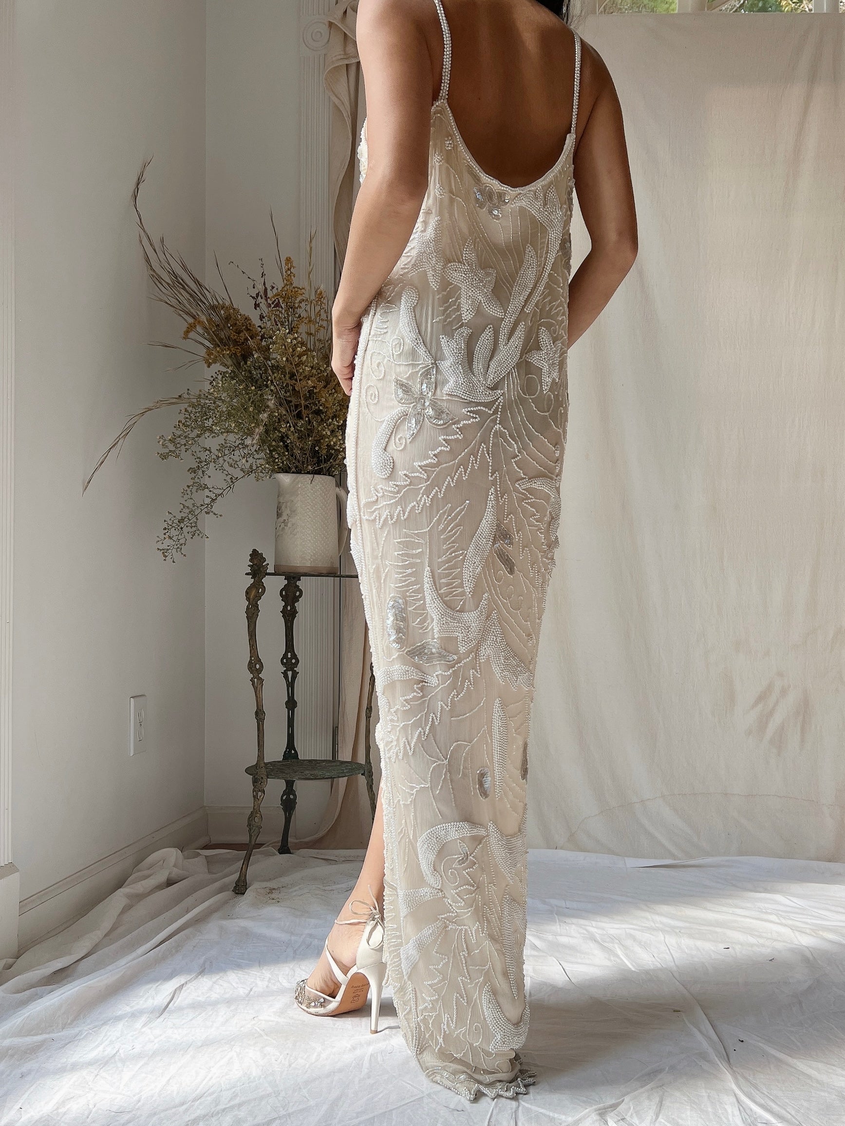 1980s Silk Chiffon Seed Pearls Stars Dress - M